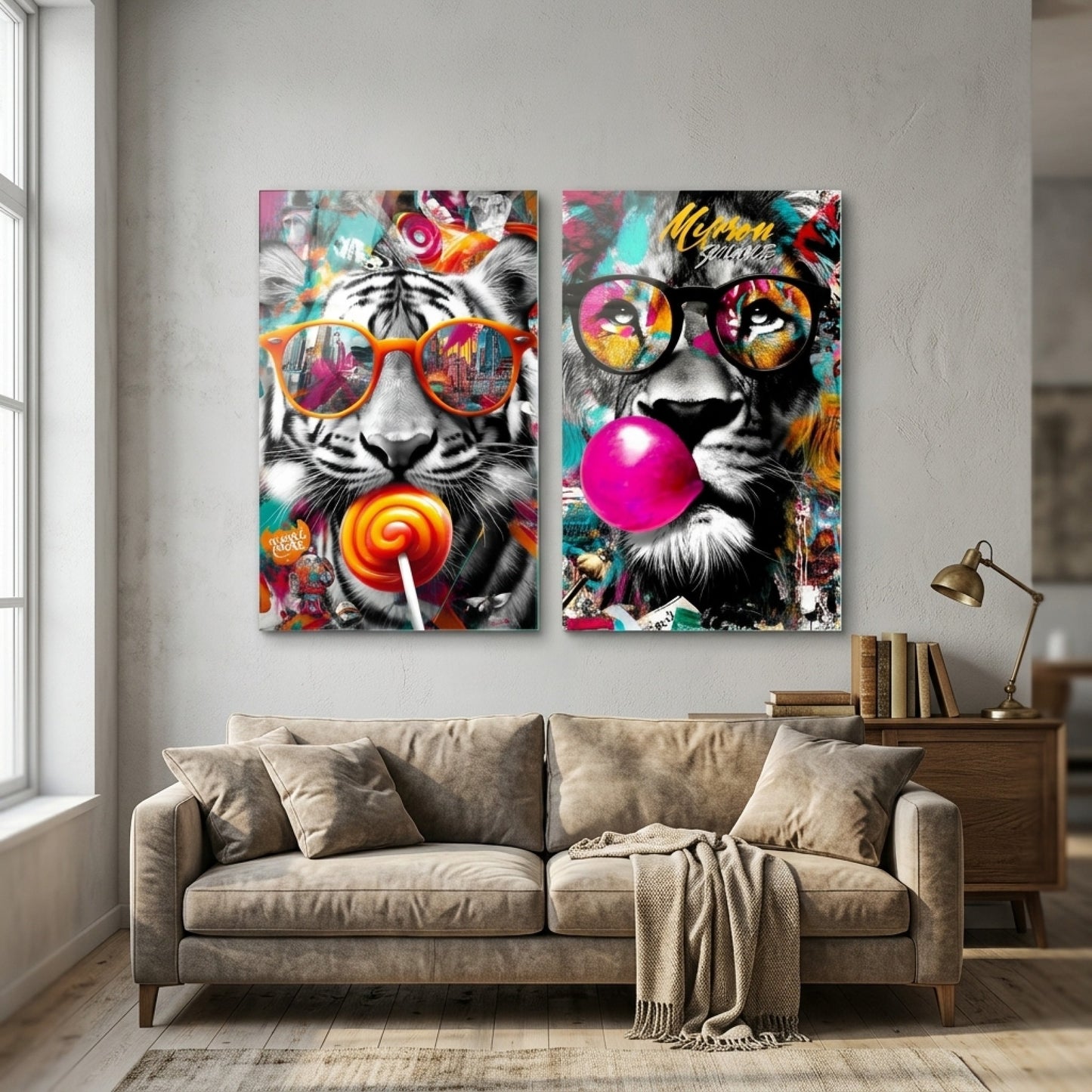 Cool Kaplan ve Aslan Grafiti Duvar Sanatı Dikey 2'li Set Cam Tablo