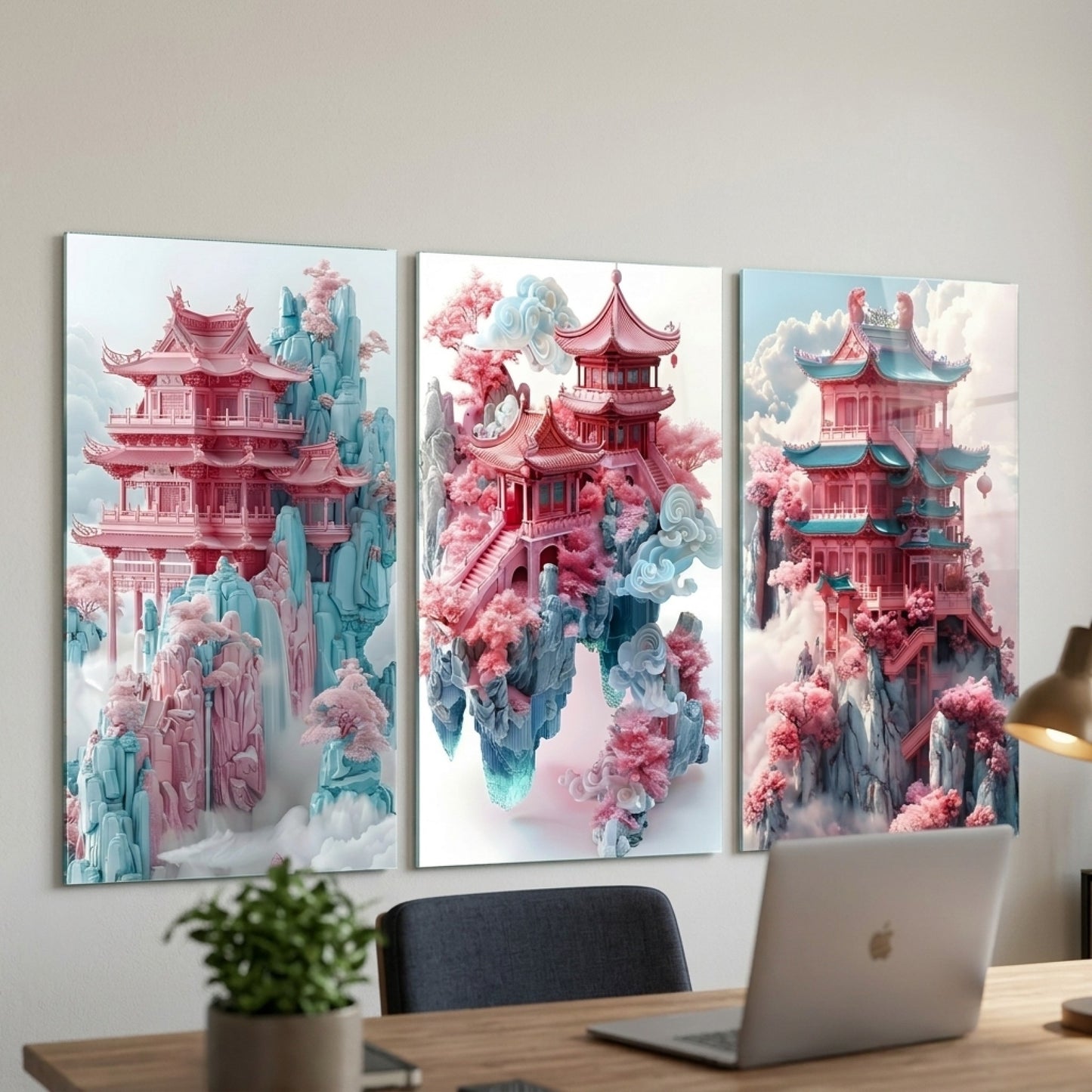 Pembe Pagoda Düşü Çoklu Dikey 3'lü Set Cam Tablo