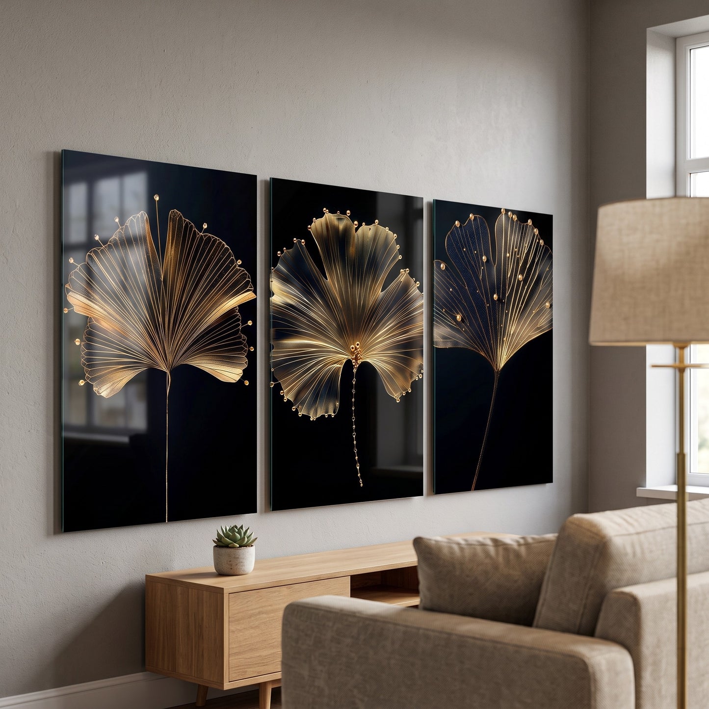 Modern Altın Ginkgo Yaprağı Seti Dikey 3'lü Set Cam Tablo