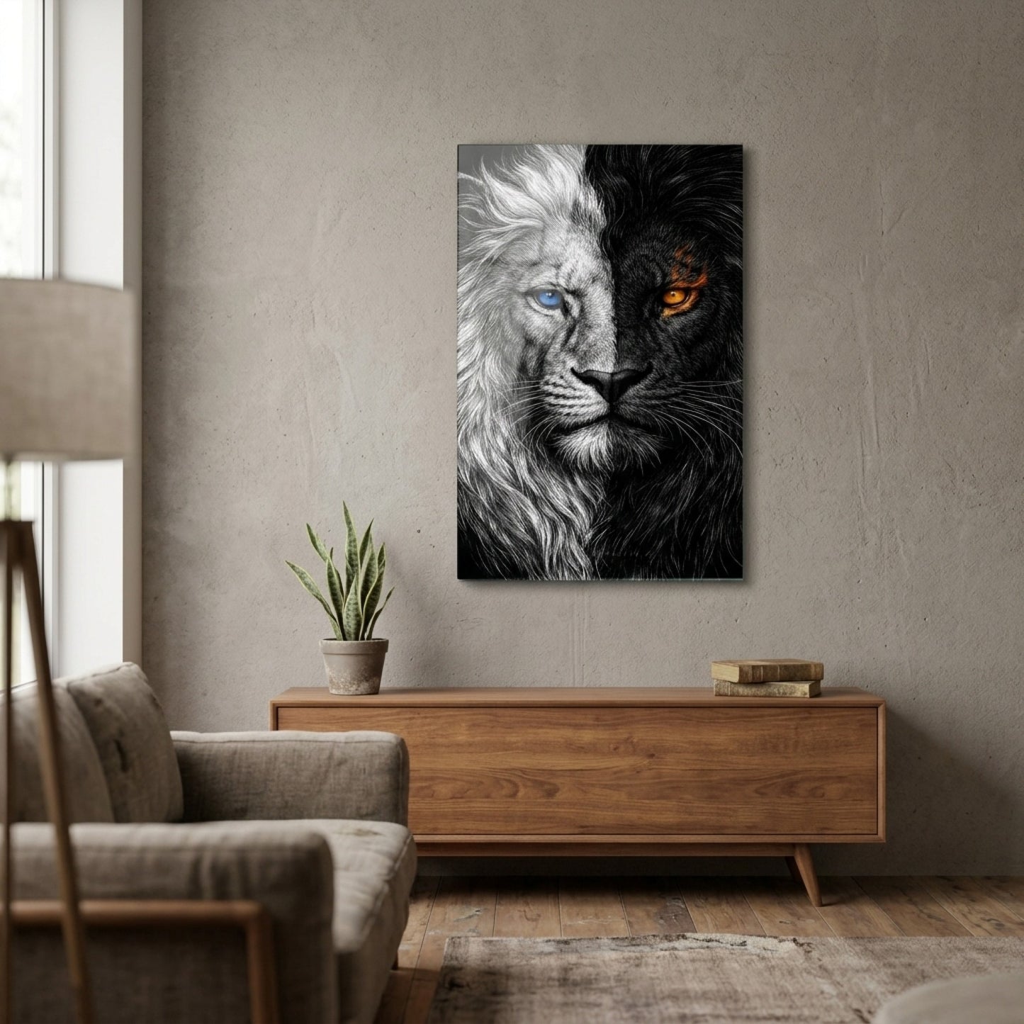 Aslan Portresi Mavi Ve Turuncu Gözlü Dikey Cam Tablo
