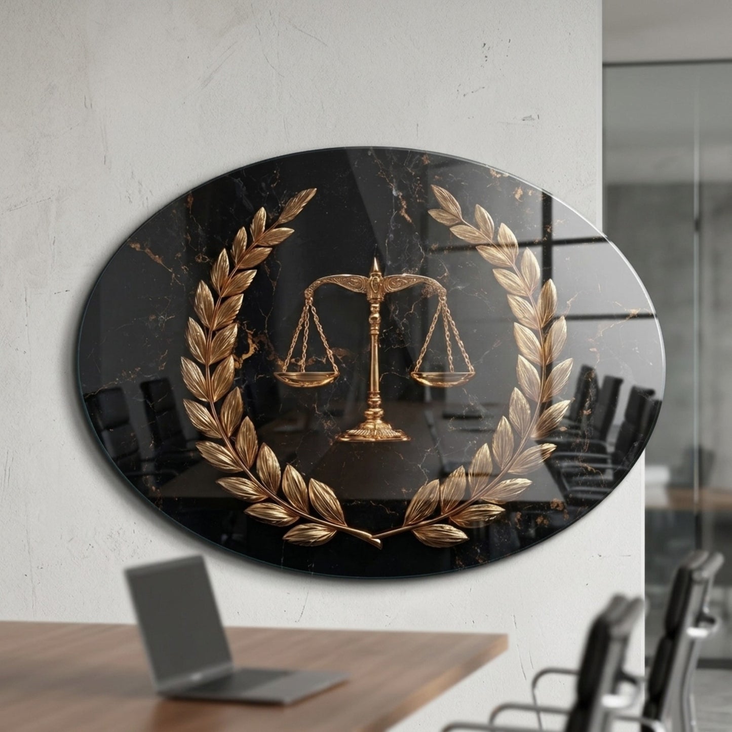 Siyah Mermer Zeminli Altın Adalet Terazisi Ve Çelenk Oval Yatay Cam Tablo