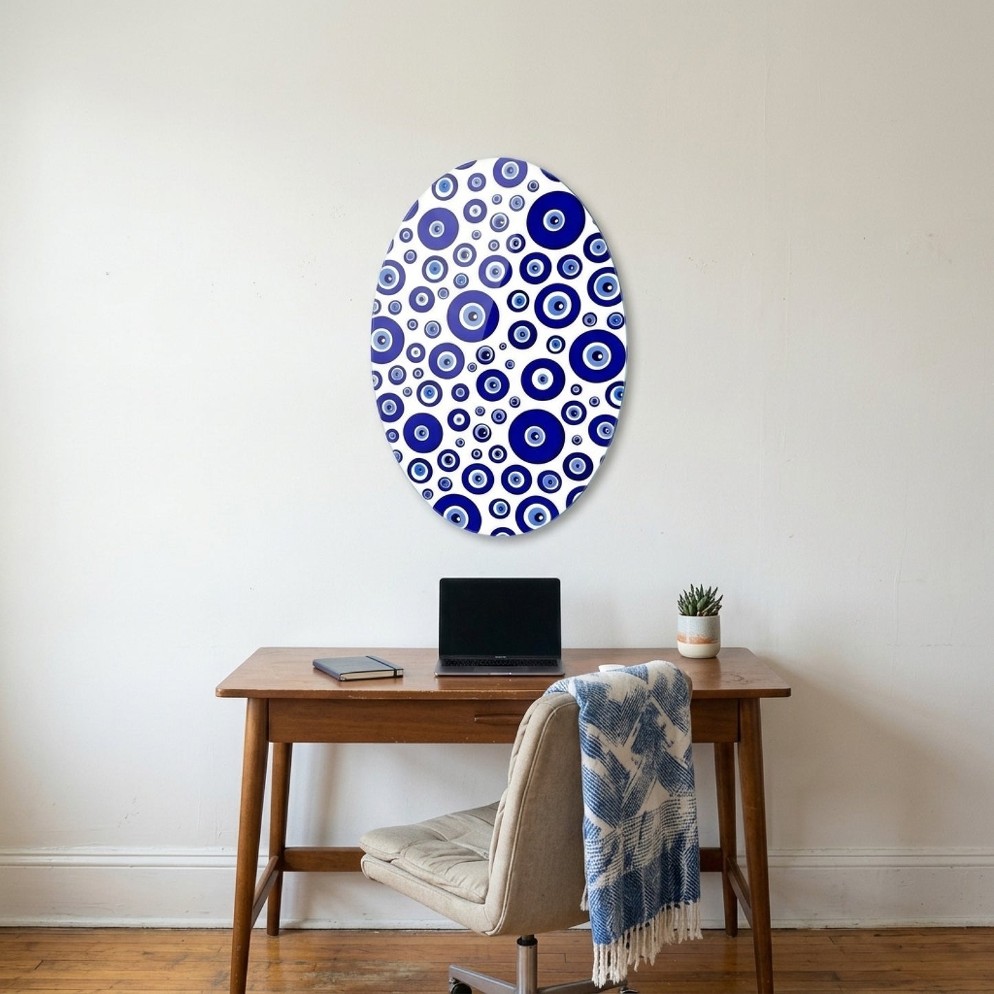 Modern Nazar Boncuğu Deseni Duvar Dekoru Oval Dikey Cam Tablo