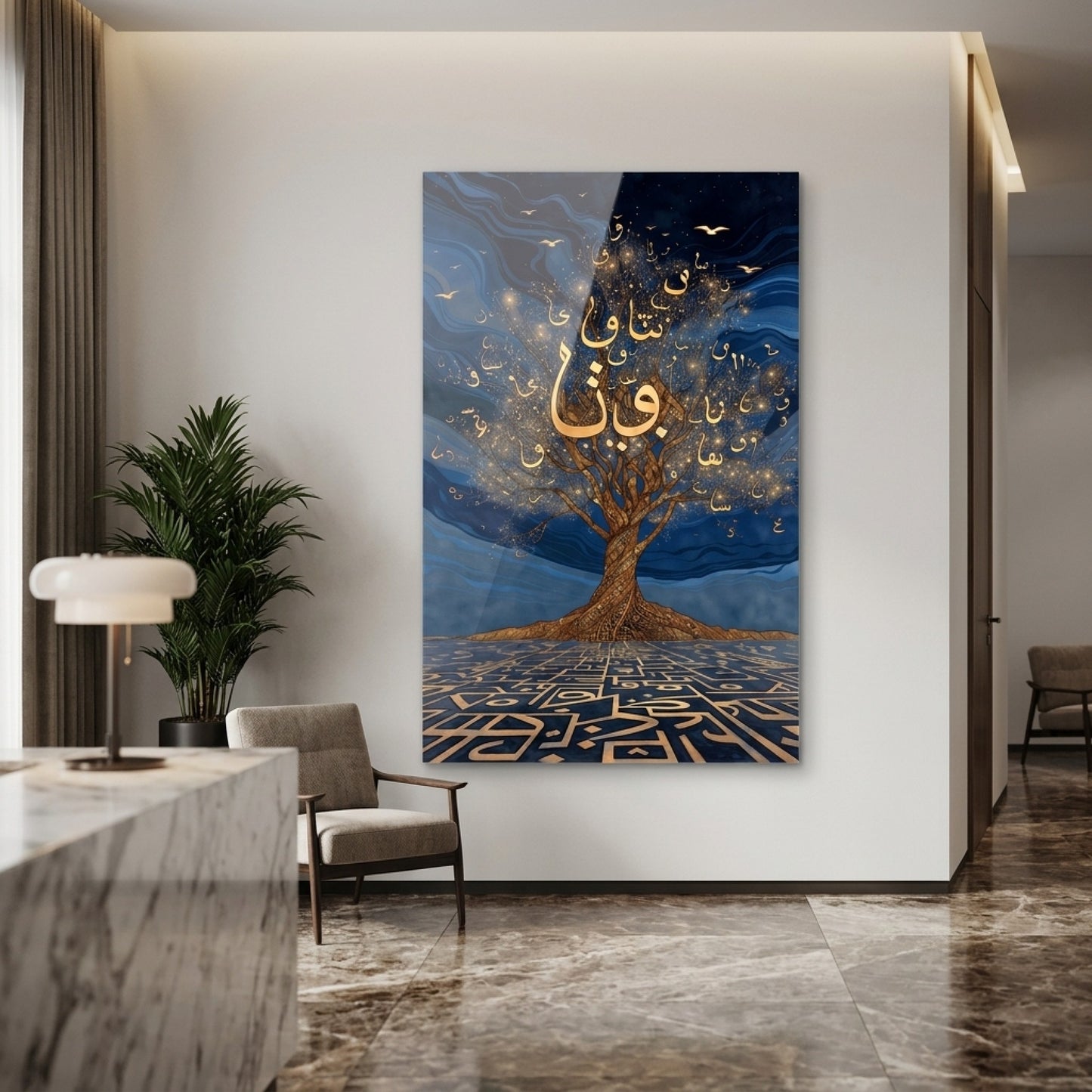 Modern Hat Sanatı Işıltılı Ağaç Dikey Cam Tablo