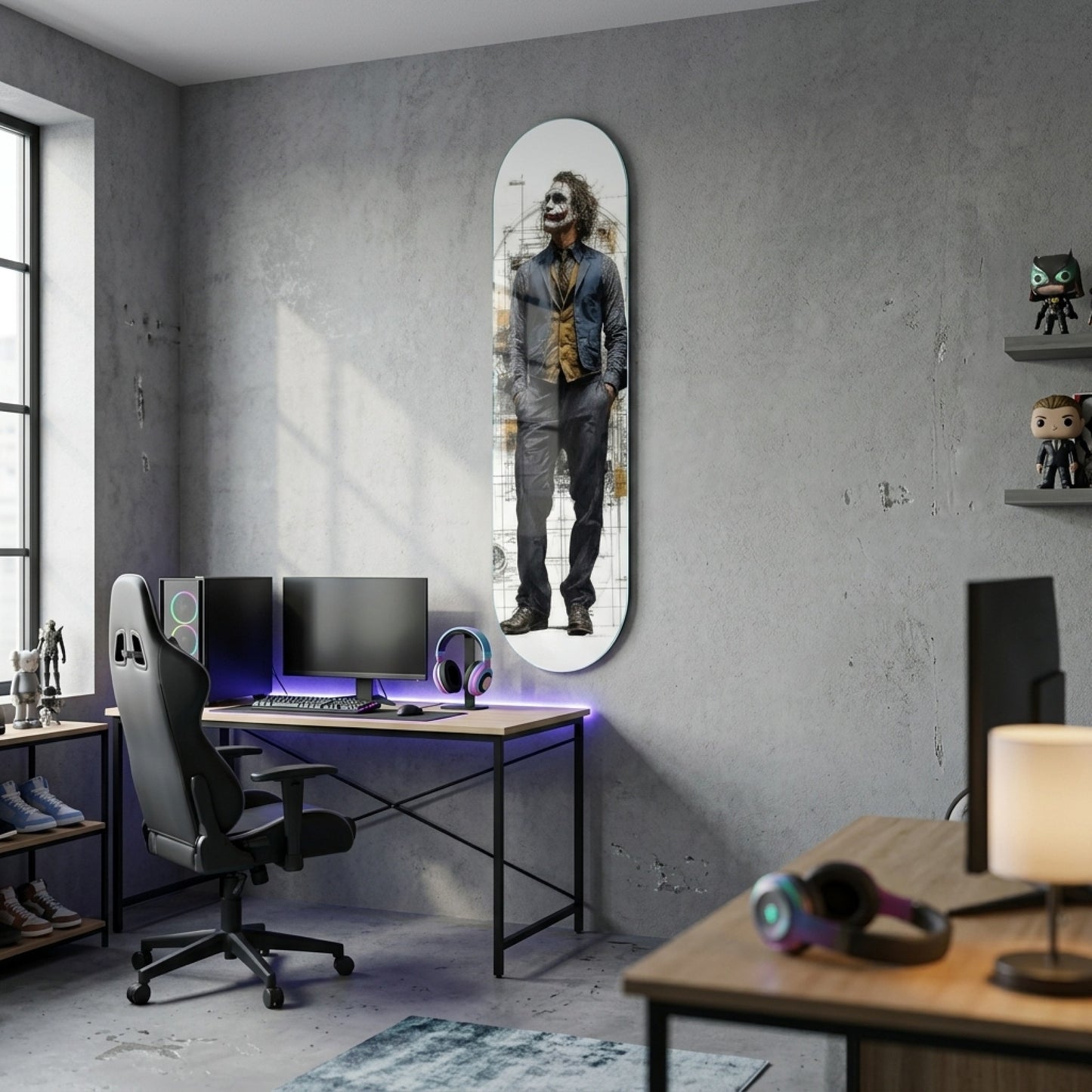 Joker Karakteri ve Teknik Çizim Detaylı Modern Sanat Skate Board Cam Tablo
