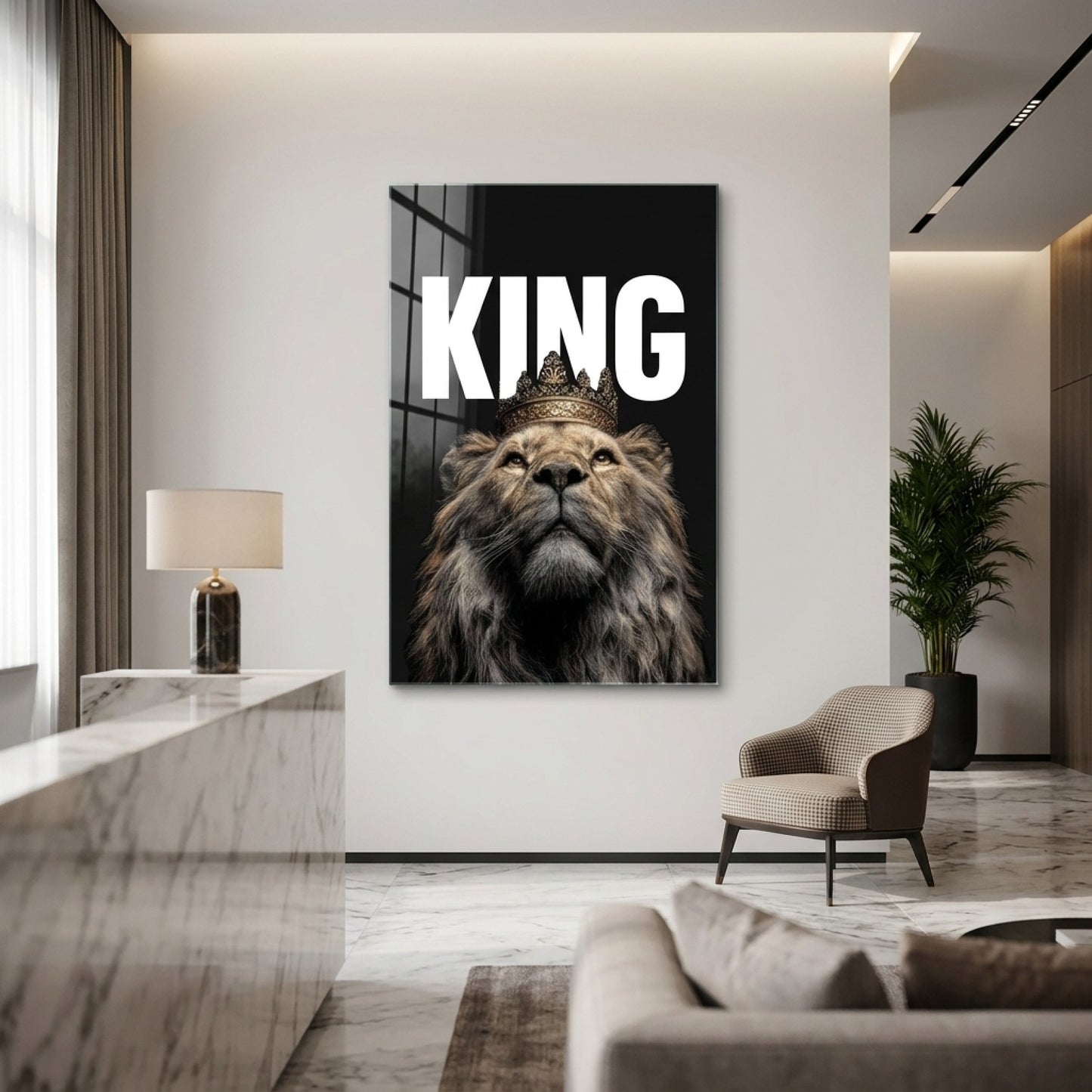 Kral Aslan Taçlı Motivasyon Tasarımı Dikey Cam Tablo