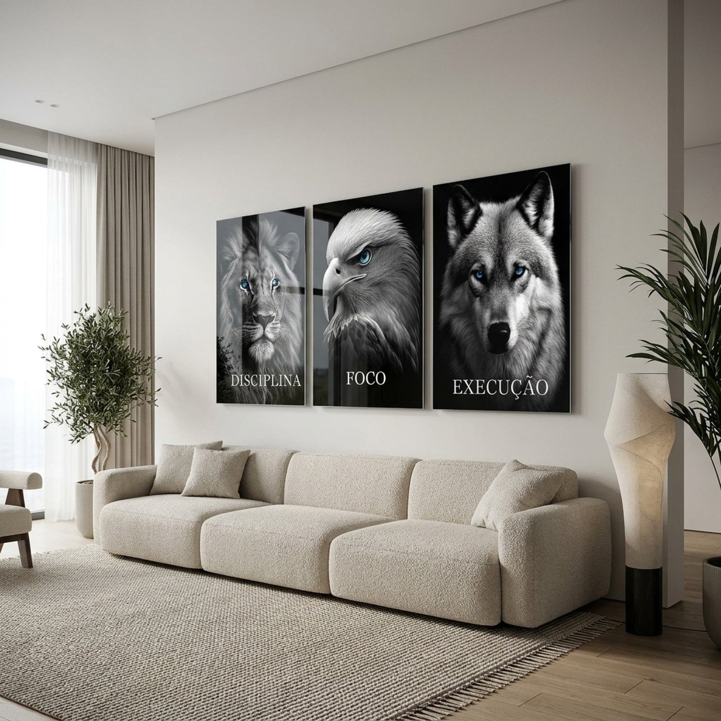 Aslan Kartal Kurt Motivasyon Dikey 3'lü Set Cam Tablo