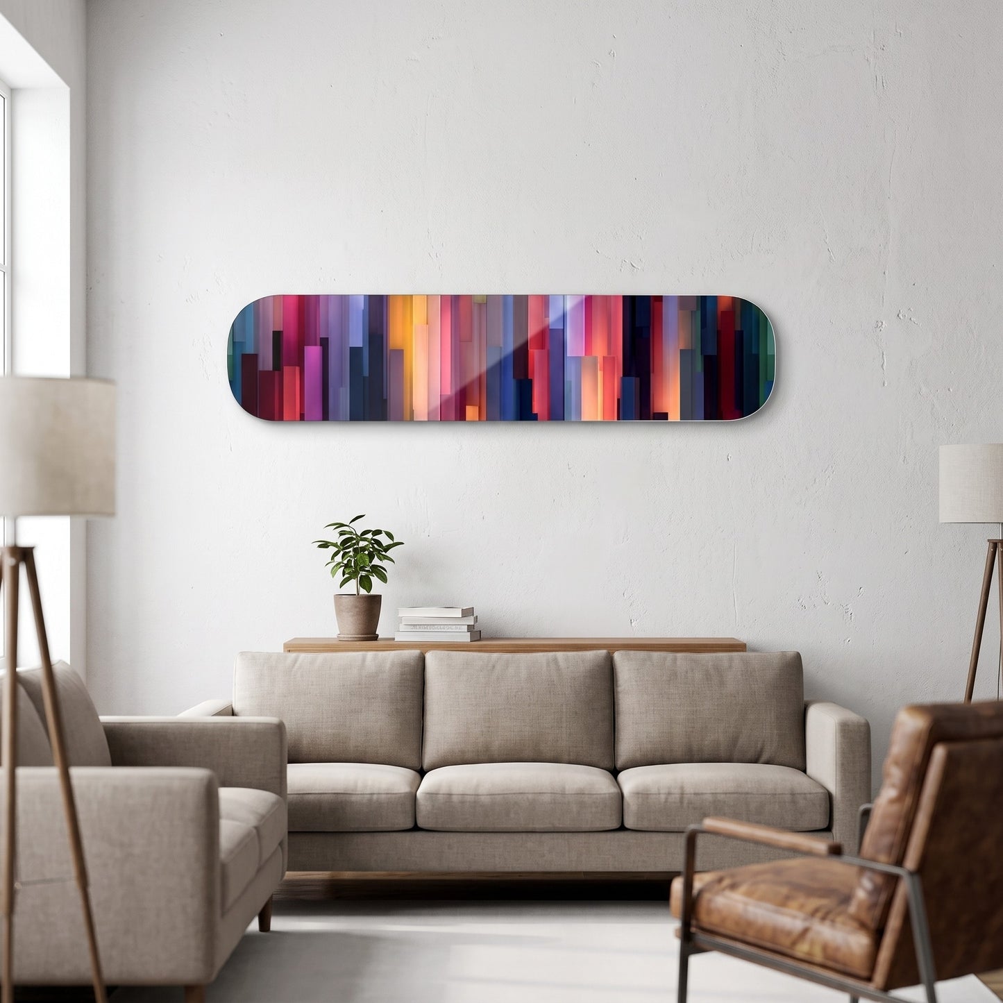 Renkli Geometrik Sutunlar Paneli Skate Board Yatay Cam Tablo