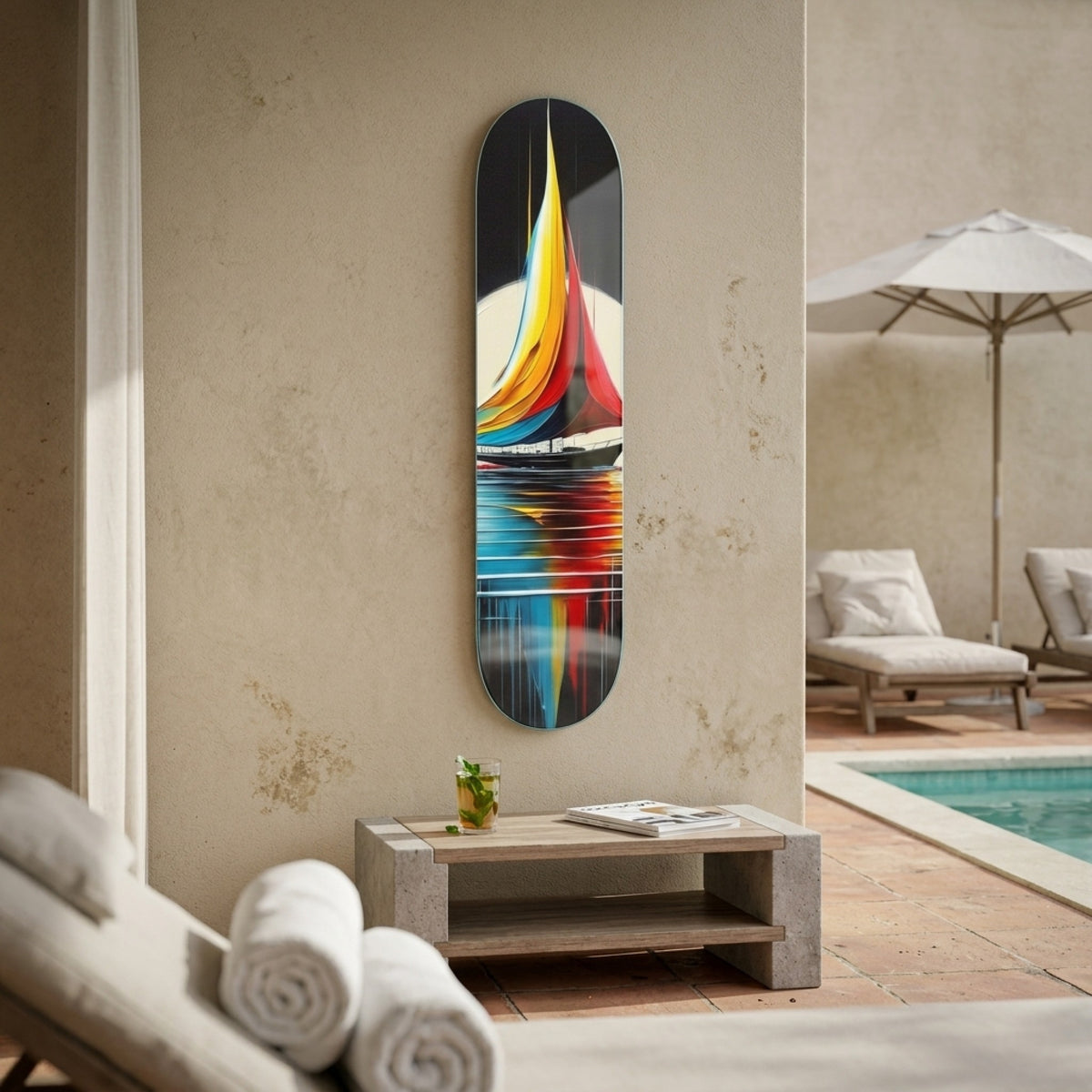 Modern Renkli Yelkenli Tekne Sanat Skate Board Cam Tablo