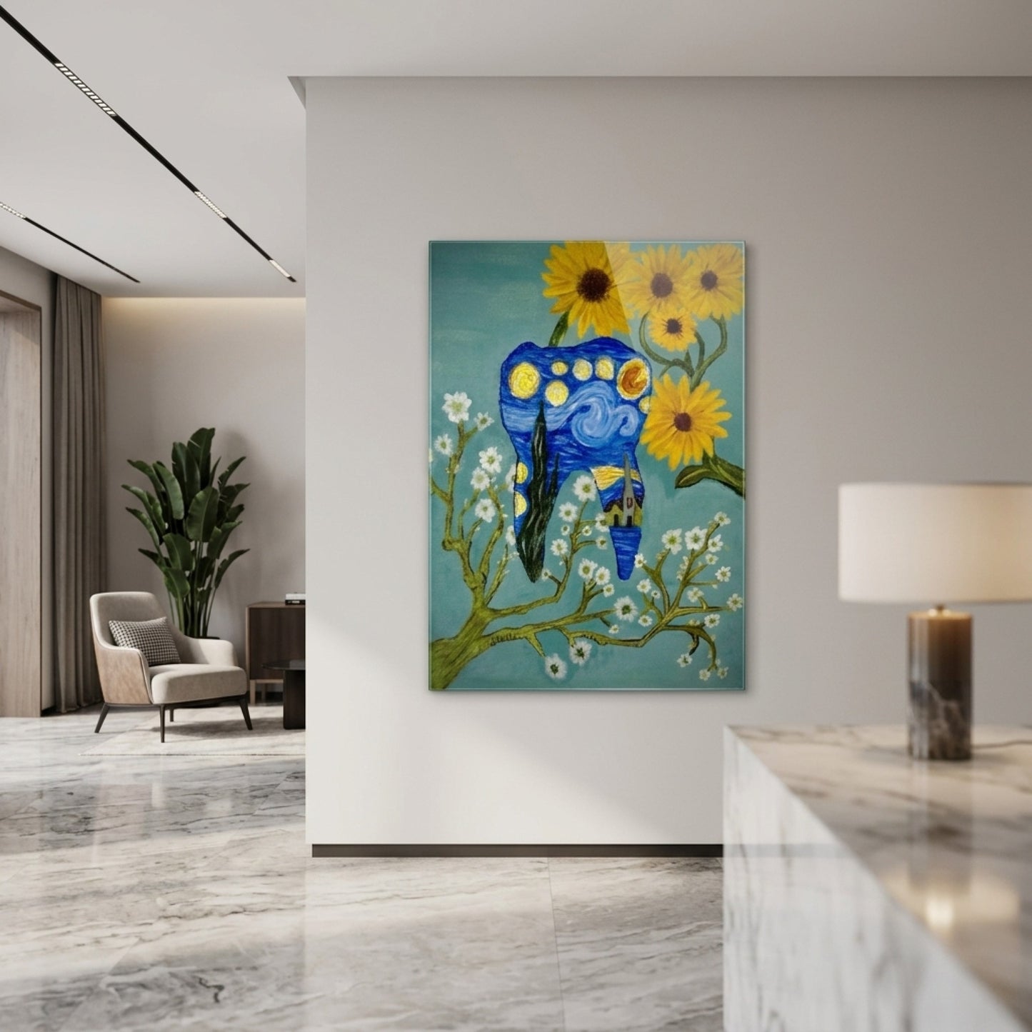 Van Gogh Yıldızlı Gece Temalı Diş Sanat Eseri Dikey Cam Tablo