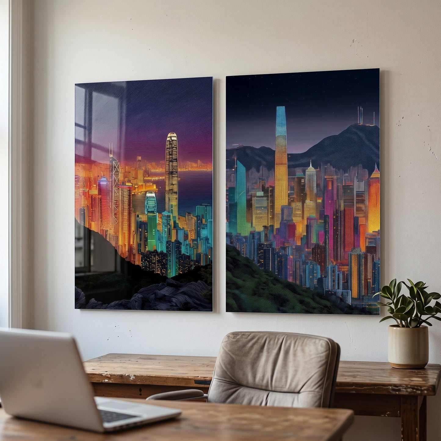 Modern Hong Kong Gece Manzarası Dikey 2'li Set Cam Tablo