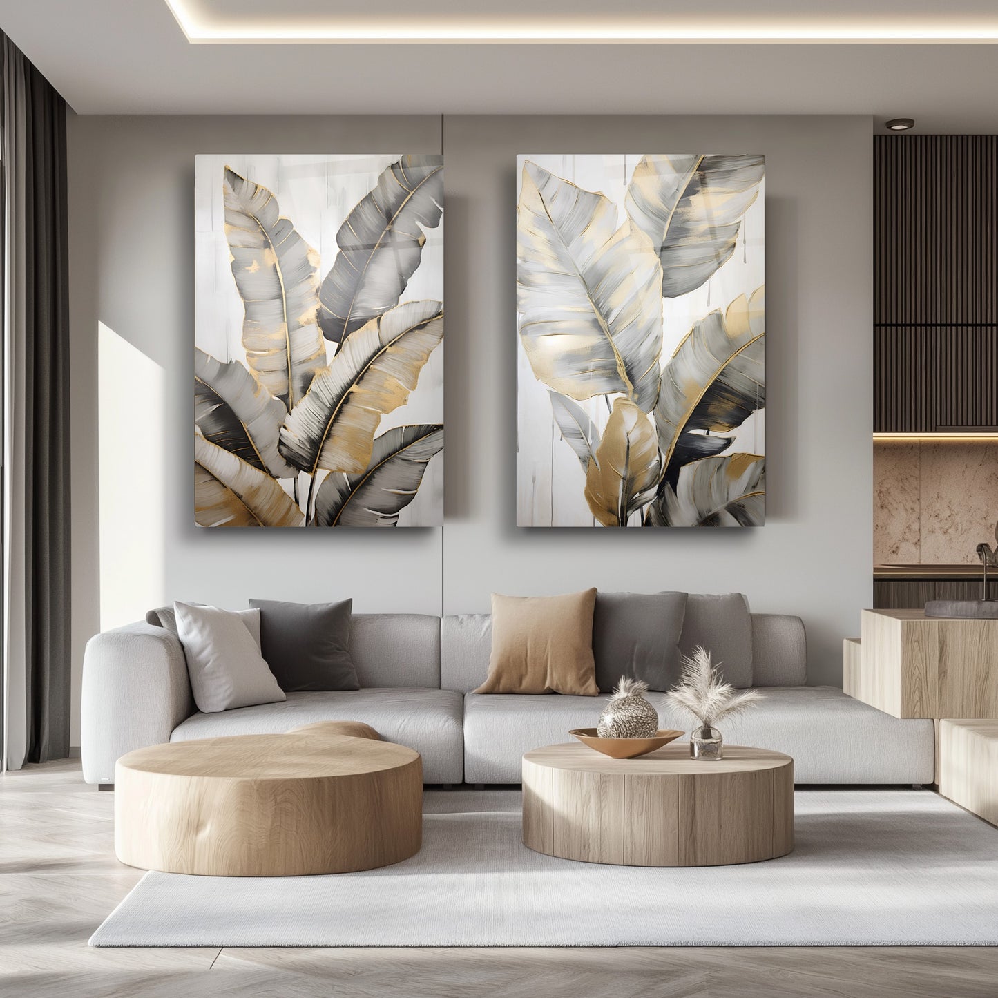 Gold Yapraklar İkili Set Cam Tablo