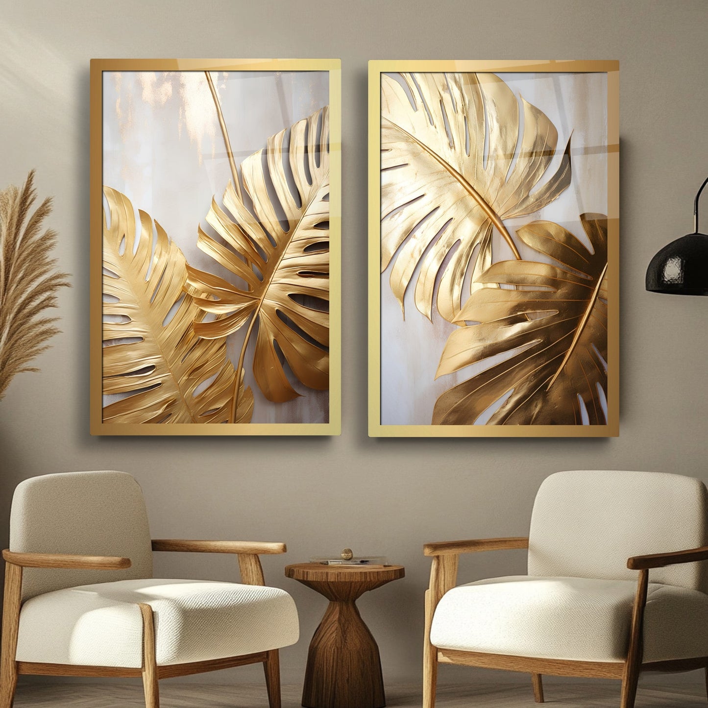 Gold Yapraklar İkili Set Cam Tablo