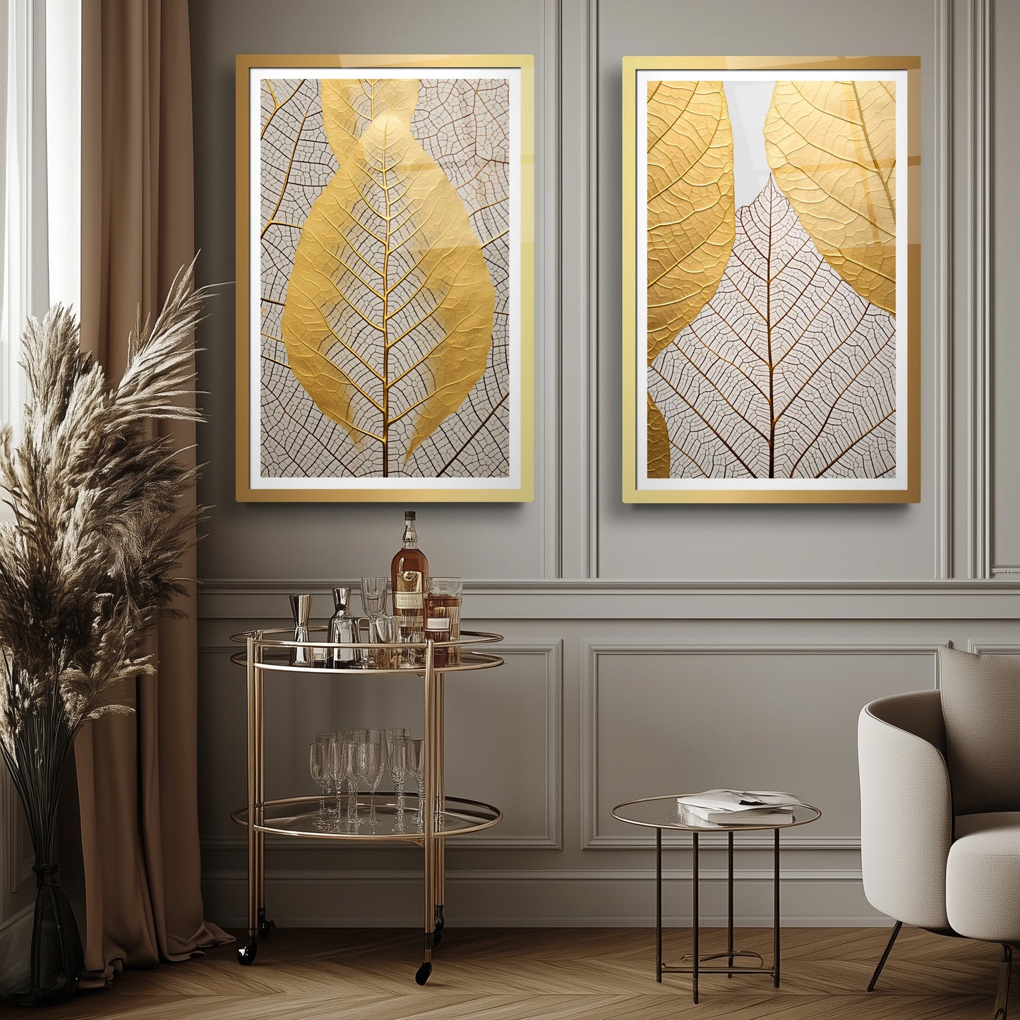 Gold Yapraklar İkili Set Cam Tablo