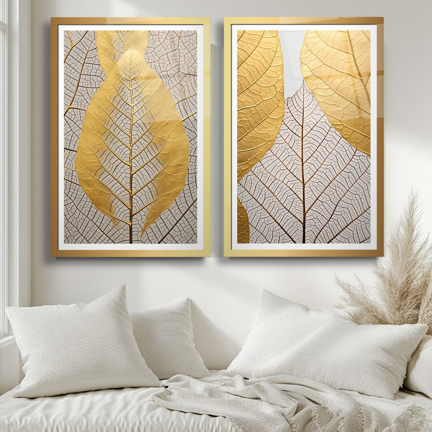 Gold Yapraklar İkili Set Cam Tablo