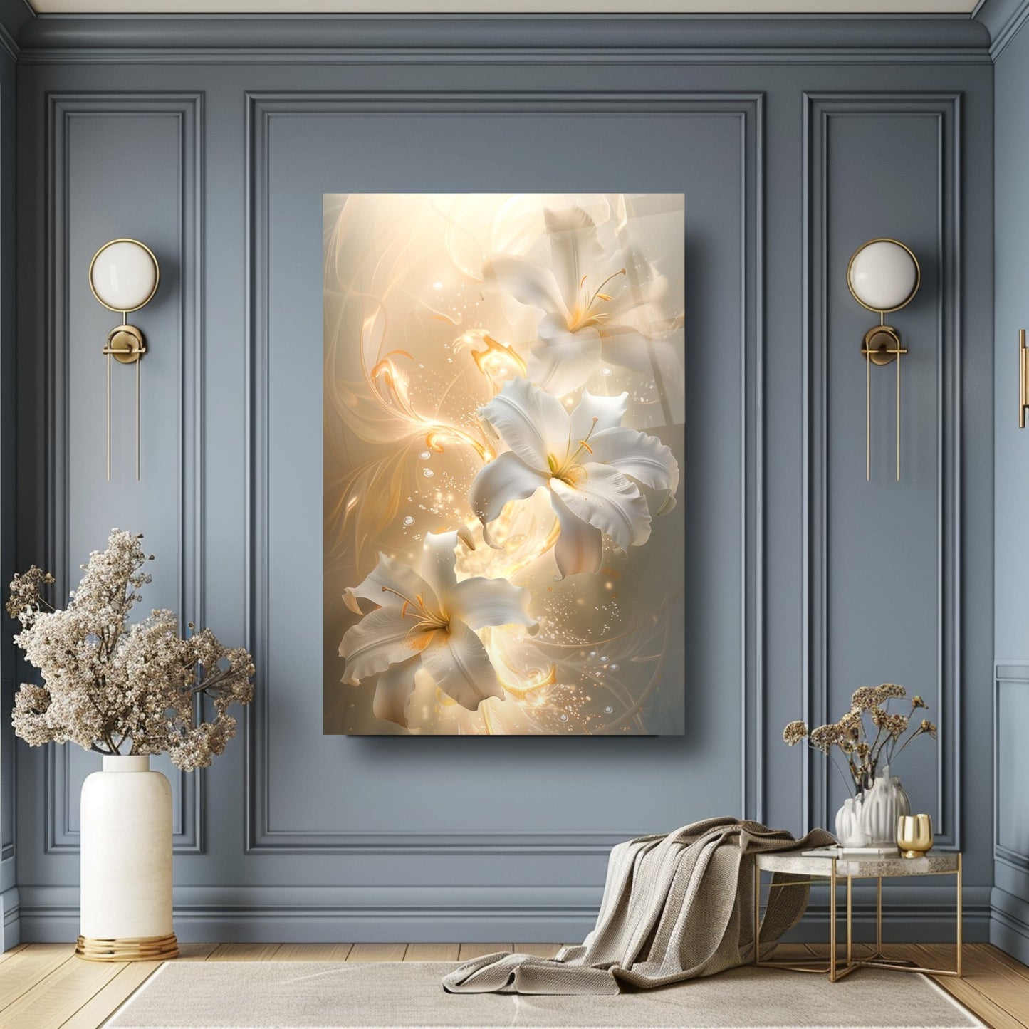 Beyaz Çiçekler Cam Tablo