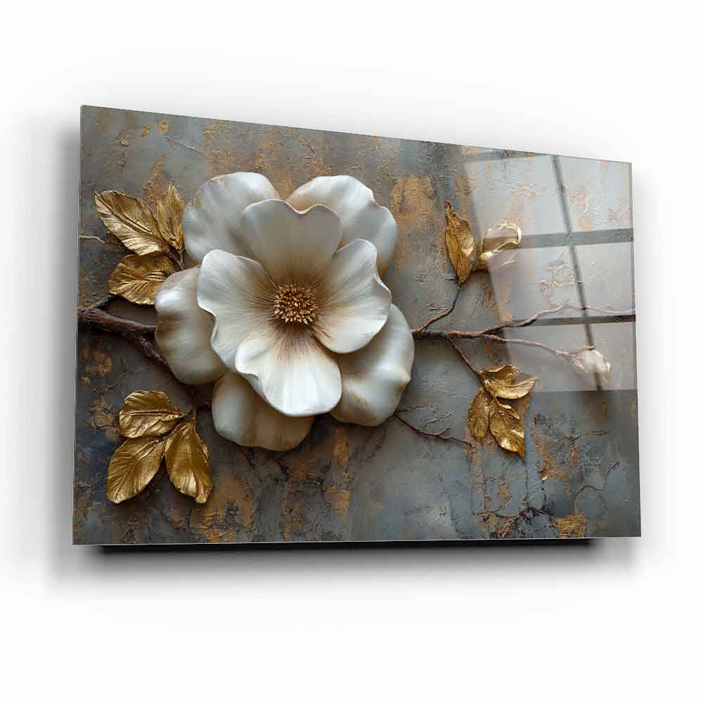 Gold Beyaz Çiçek Cam Tablo