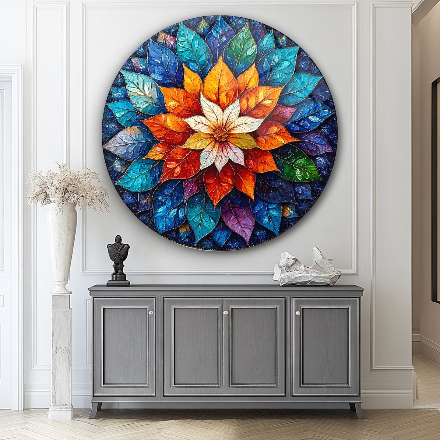 Çiçekli Mandala Yuvarlak Cam Tablo