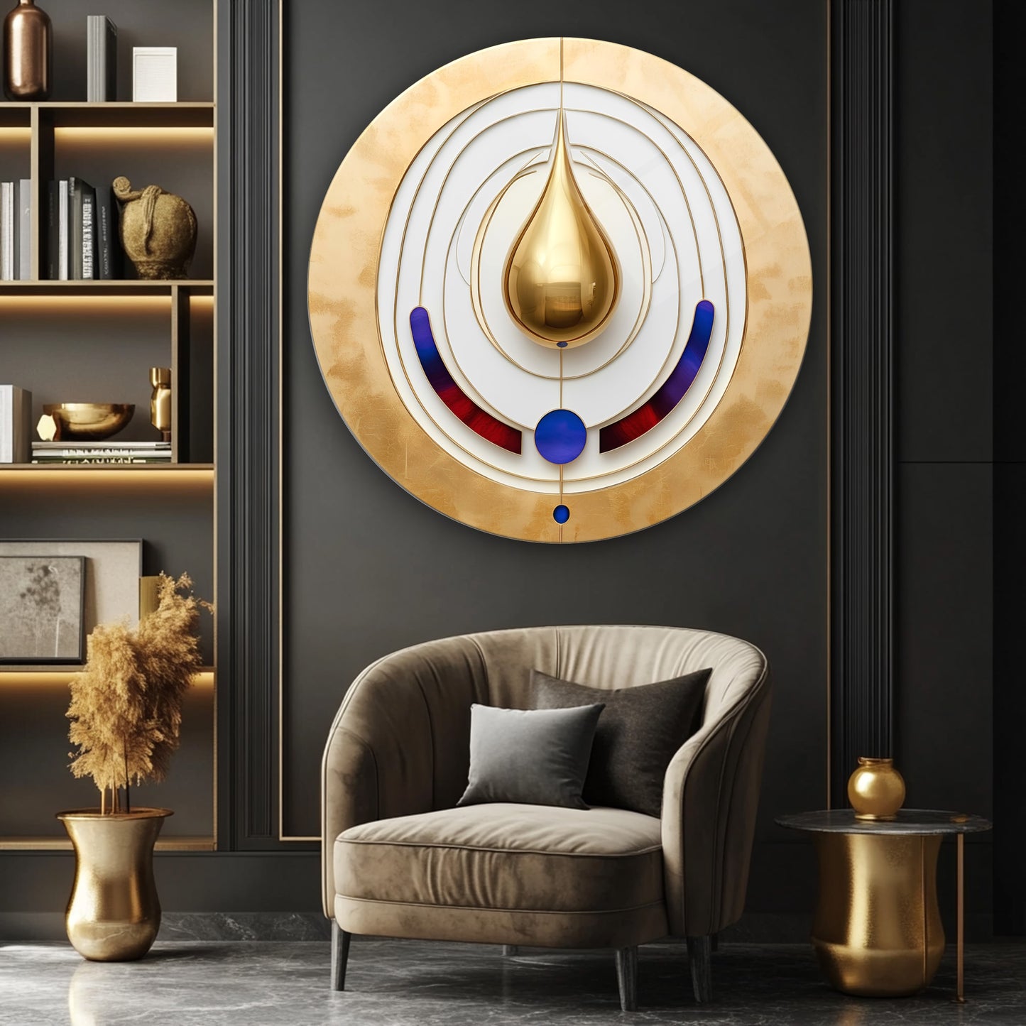 Soyut Gold Damla Yuvarlak Cam Tablo