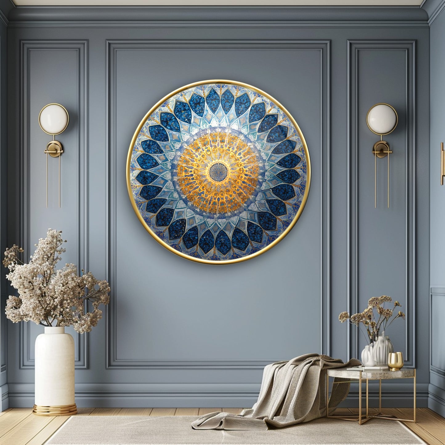 Mavi Gold İslami Sanat Yuvarlak Cam Tablo
