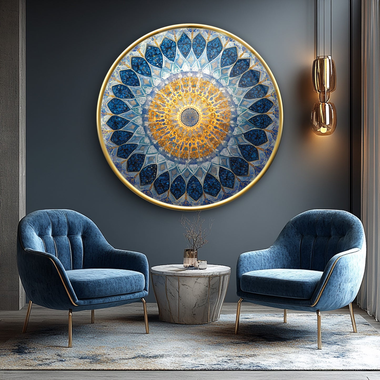 Mavi Gold İslami Sanat Yuvarlak Cam Tablo