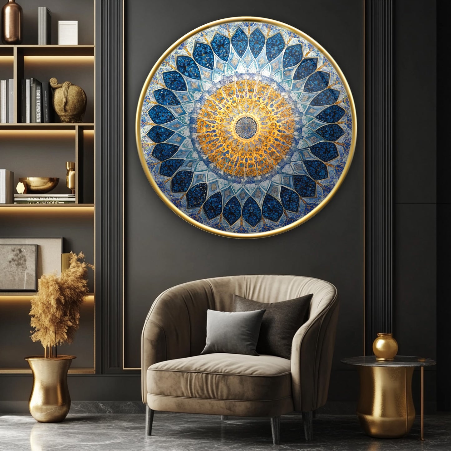 Mavi Gold İslami Sanat Yuvarlak Cam Tablo