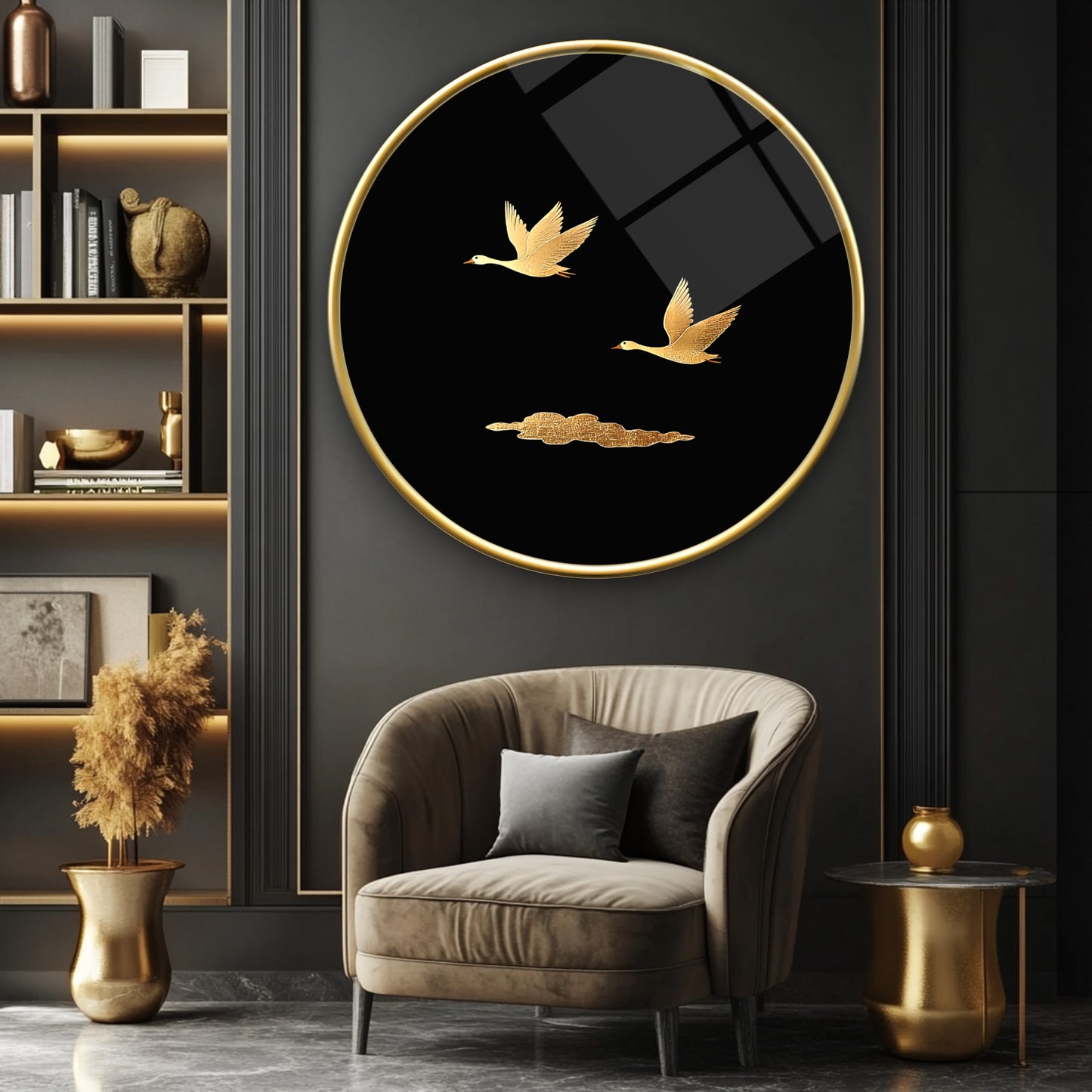 Gold Kuşlar Yuvarlak Cam Tablo