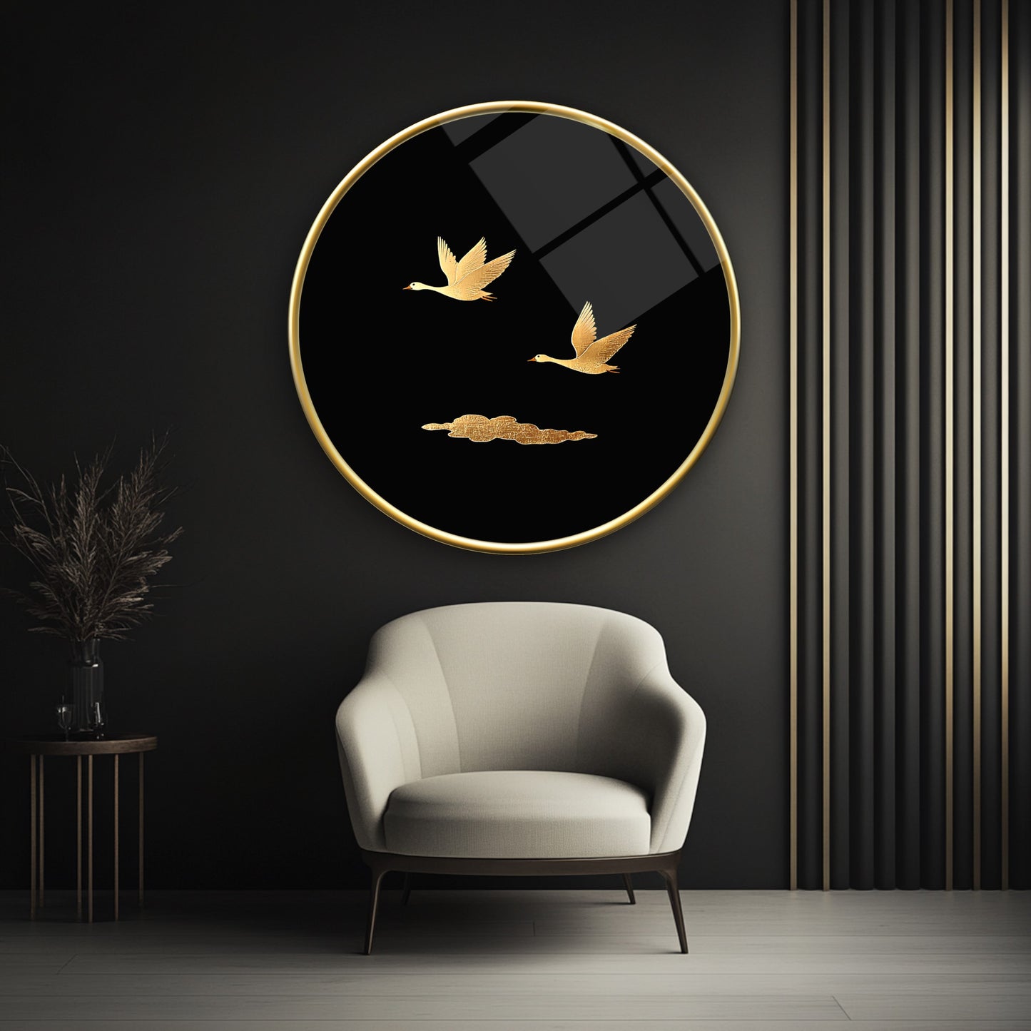 Gold Kuşlar Yuvarlak Cam Tablo
