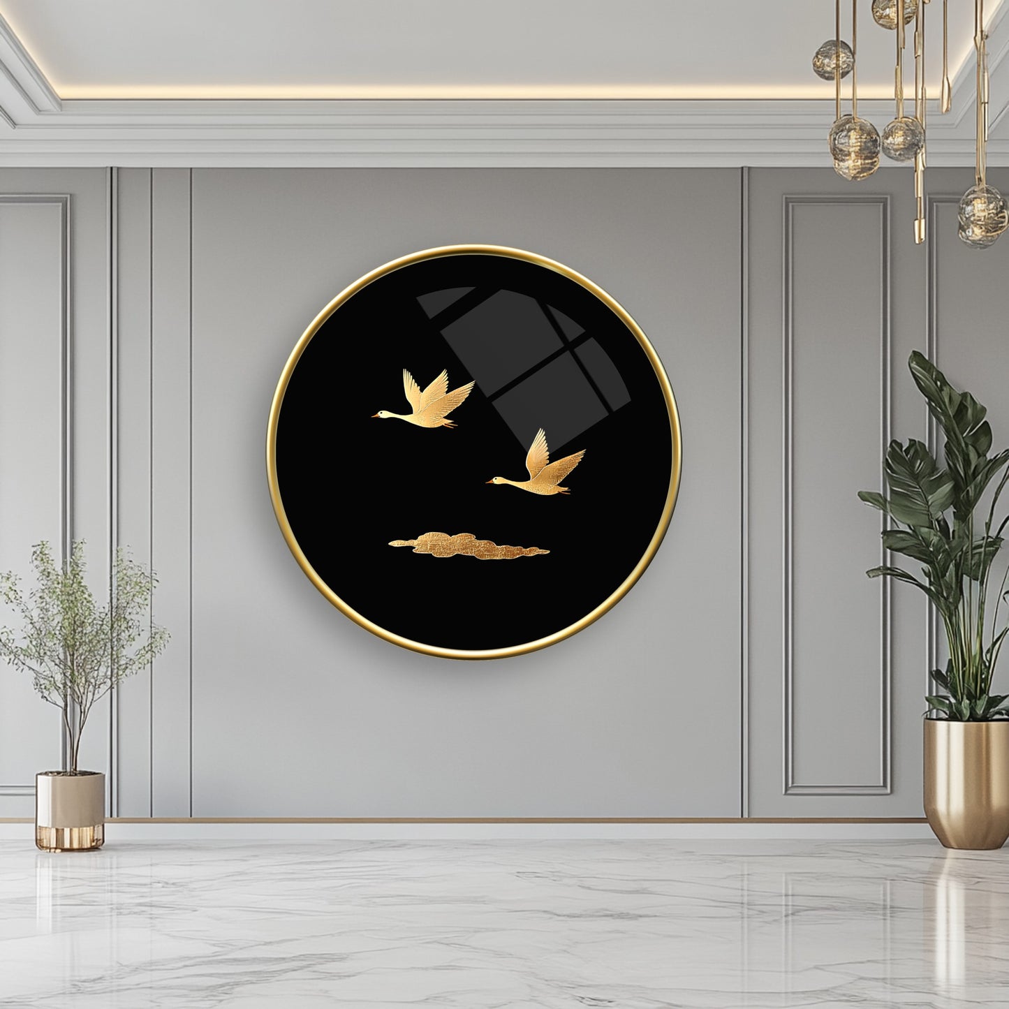 Gold Kuşlar Yuvarlak Cam Tablo