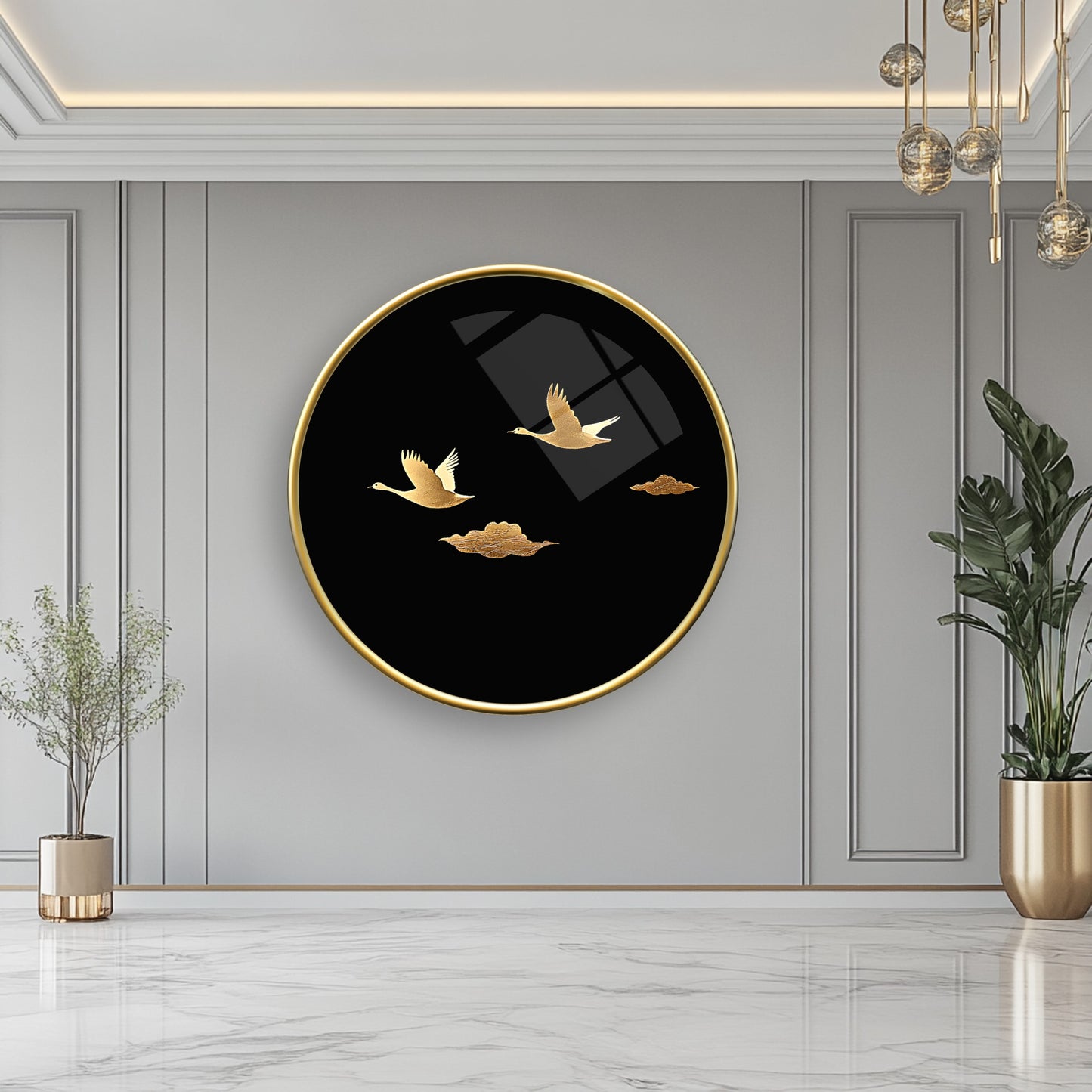Gold Kuşlar Yuvarlak Cam Tablo