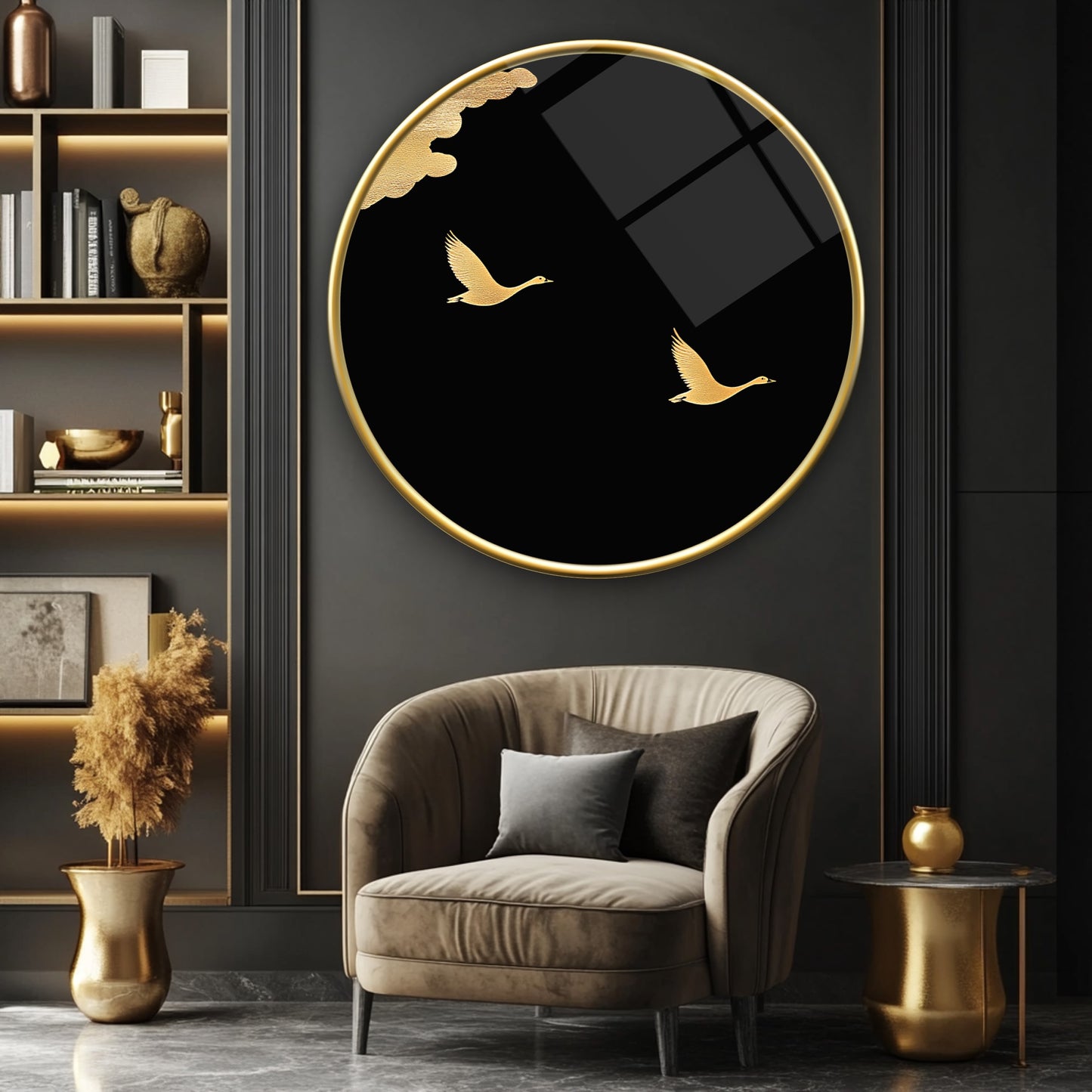 Gold Kuşlar Yuvarlak Cam Tablo