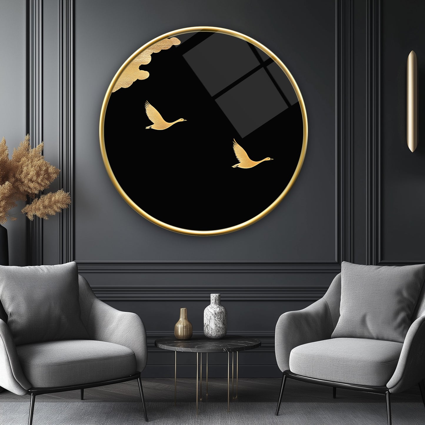 Gold Kuşlar Yuvarlak Cam Tablo