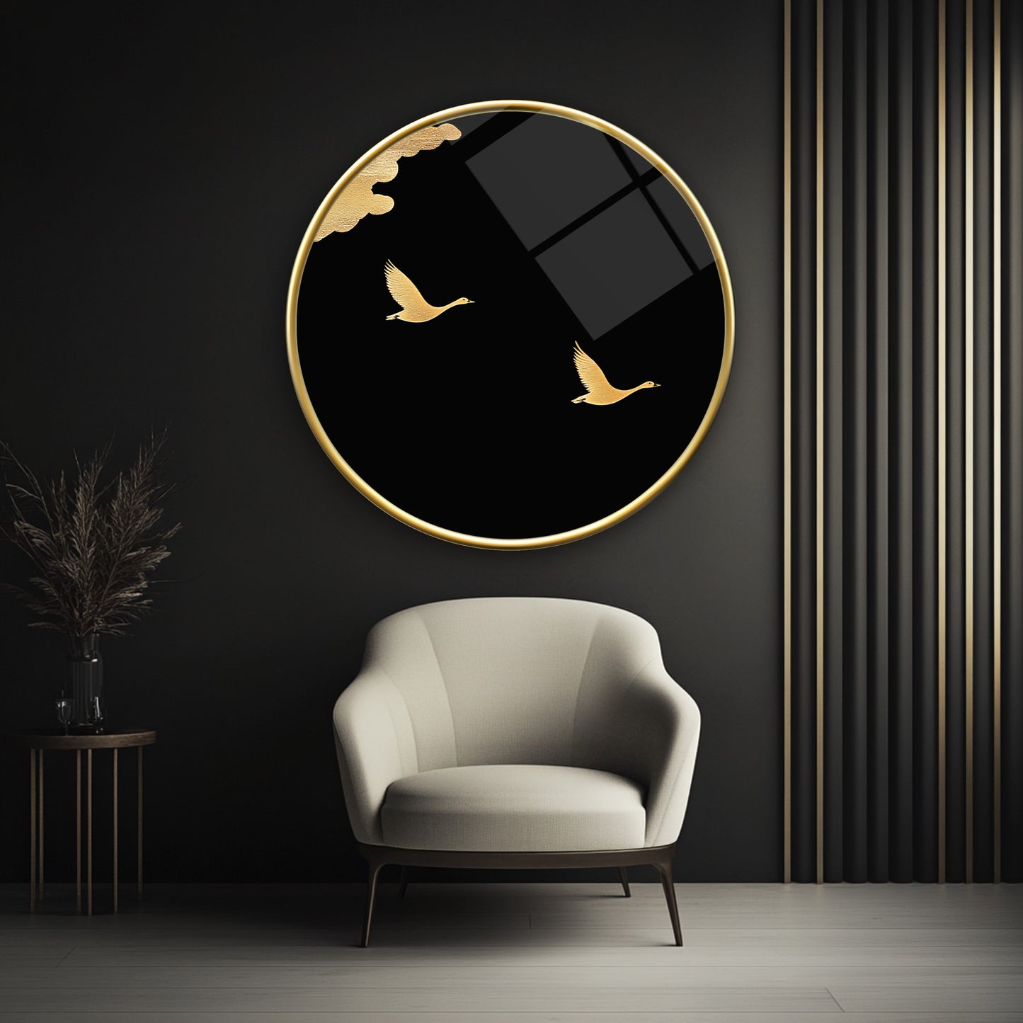 Gold Kuşlar Yuvarlak Cam Tablo