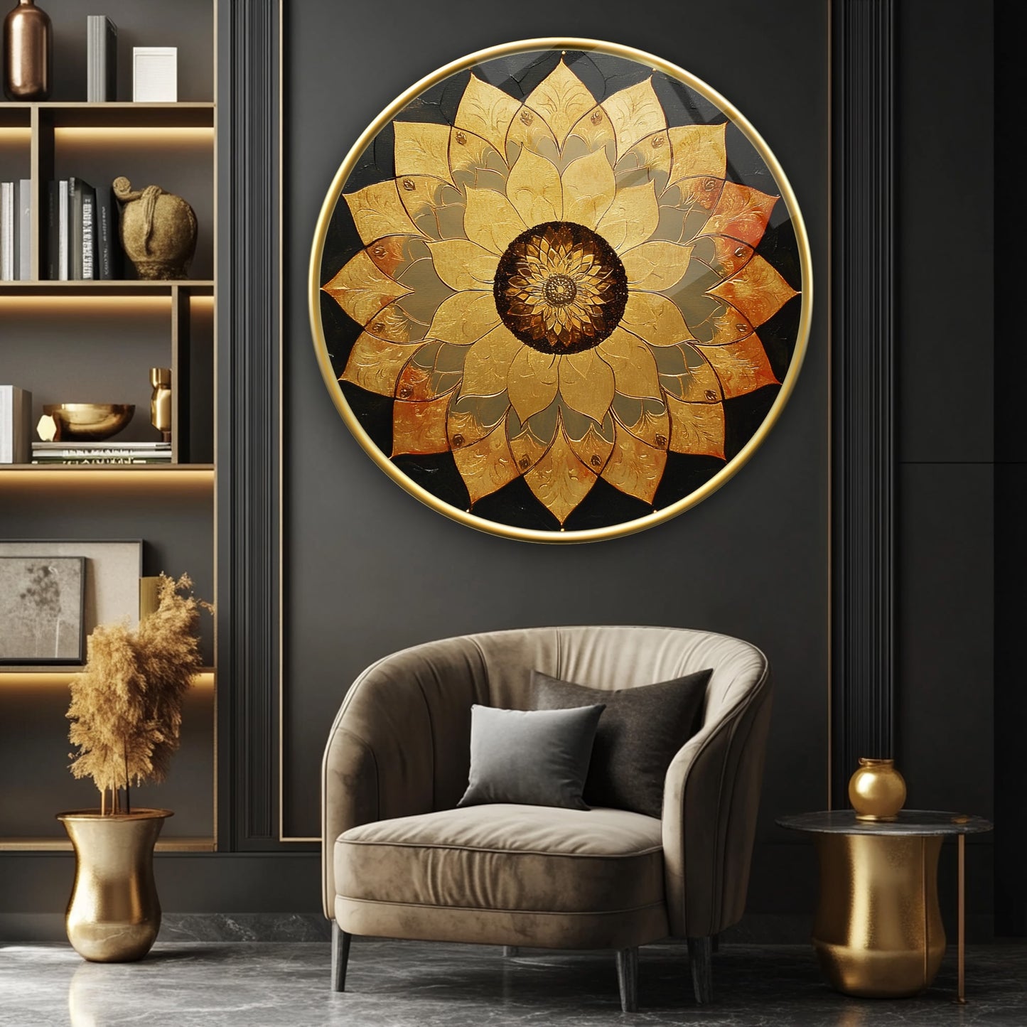 Gold Lotus Çiçeği Yuvarlak Cam Tablo