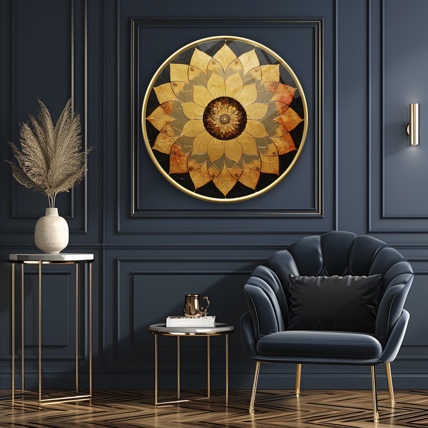 Gold Lotus Çiçeği Yuvarlak Cam Tablo