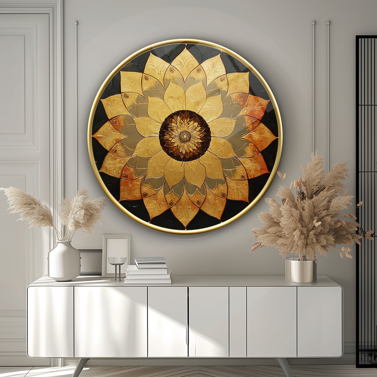 Gold Lotus Çiçeği Yuvarlak Cam Tablo