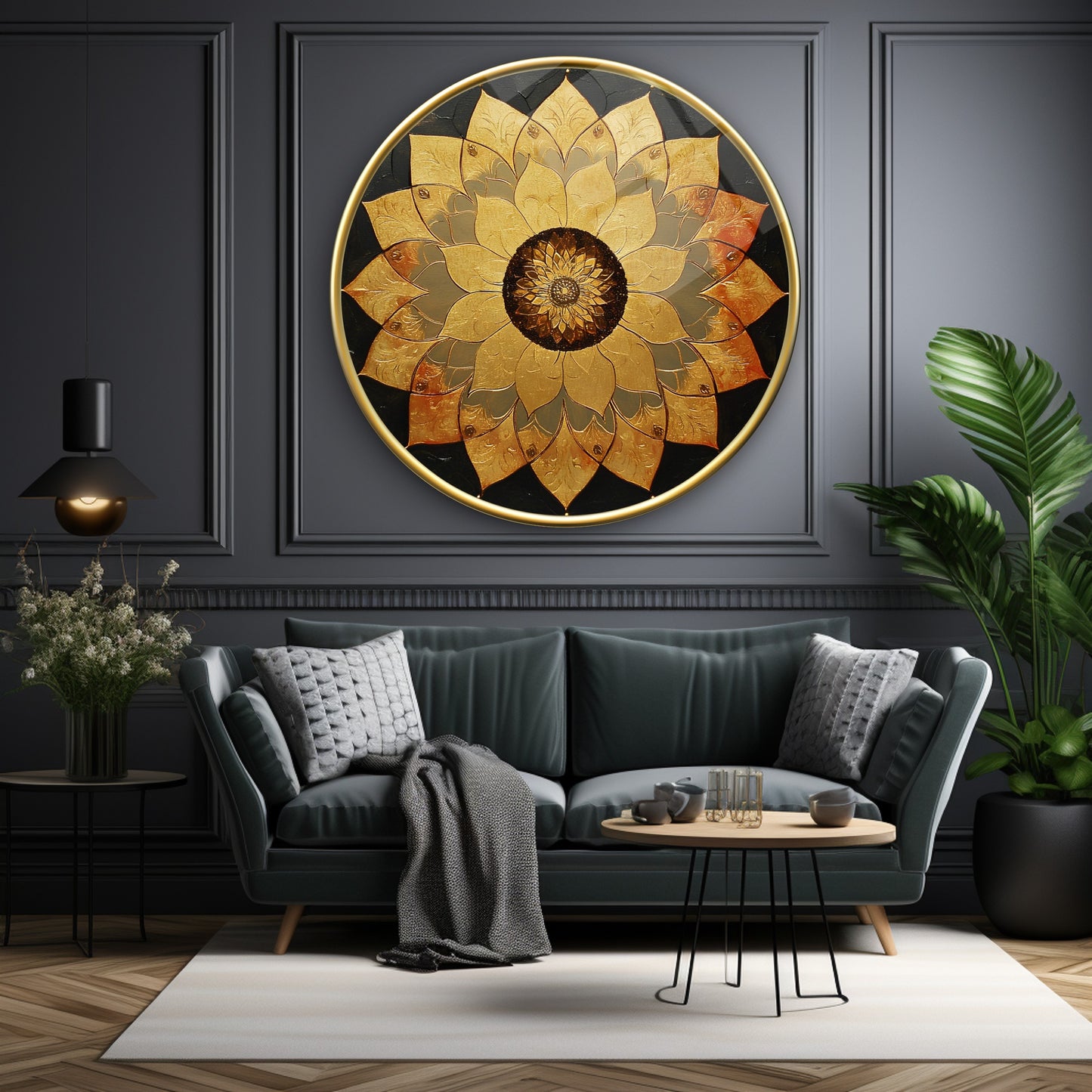 Gold Lotus Çiçeği Yuvarlak Cam Tablo