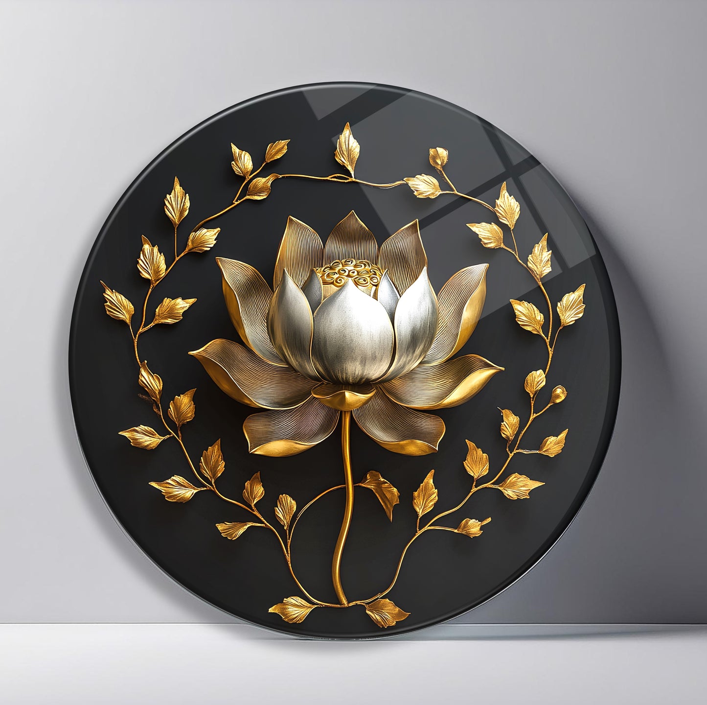 Gold Lotus Çiçeği Yuvarlak Cam Tablo
