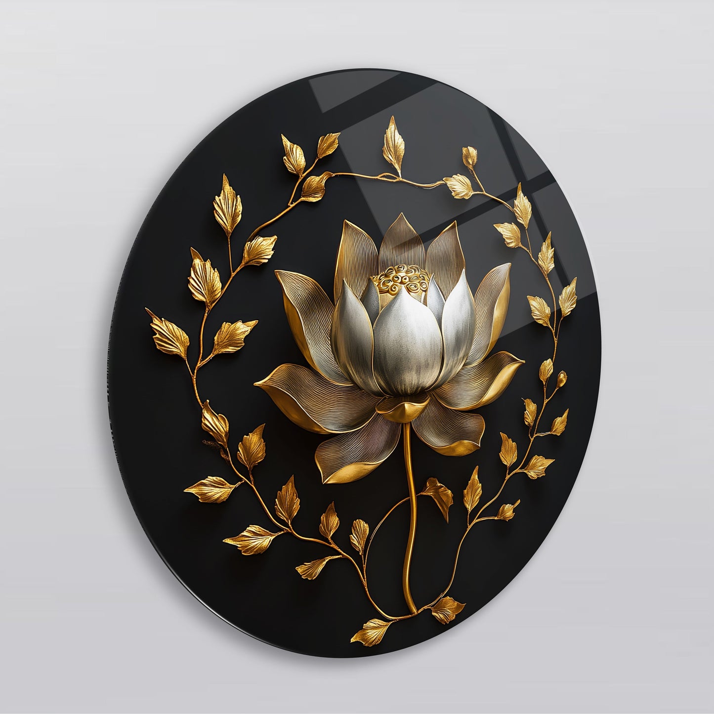 Gold Lotus Çiçeği Yuvarlak Cam Tablo