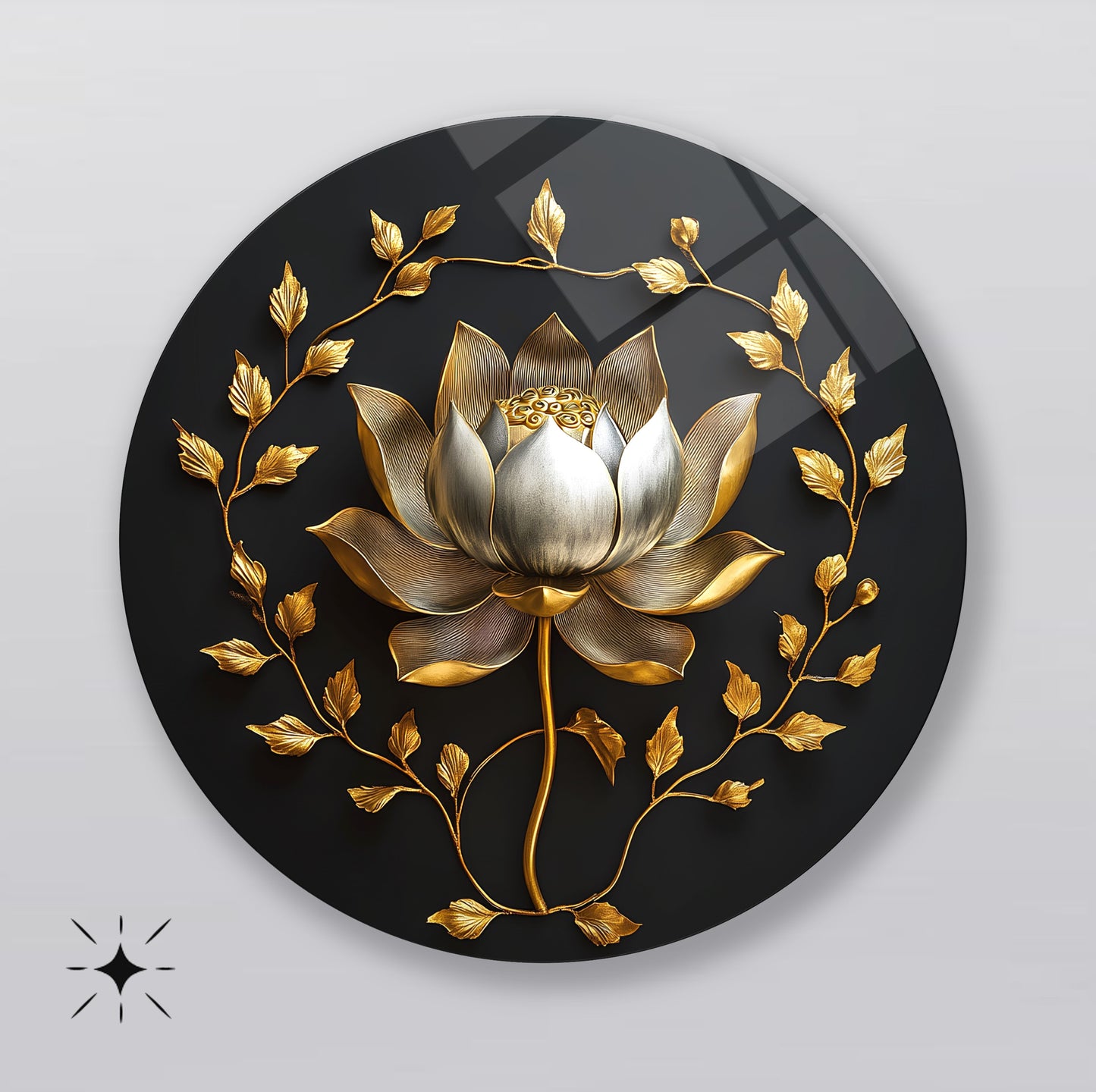 Gold Lotus Çiçeği Yuvarlak Cam Tablo