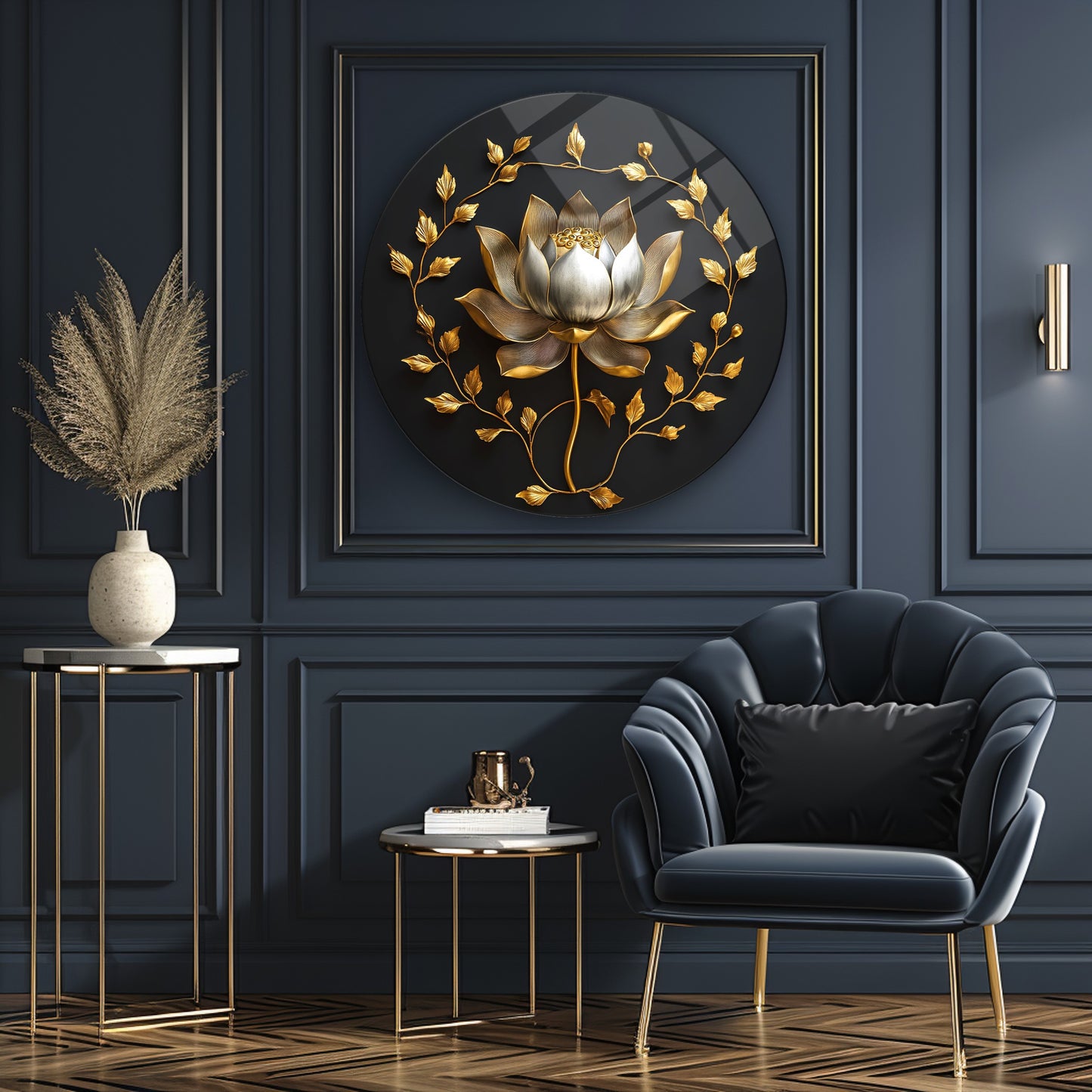 Gold Lotus Çiçeği Yuvarlak Cam Tablo