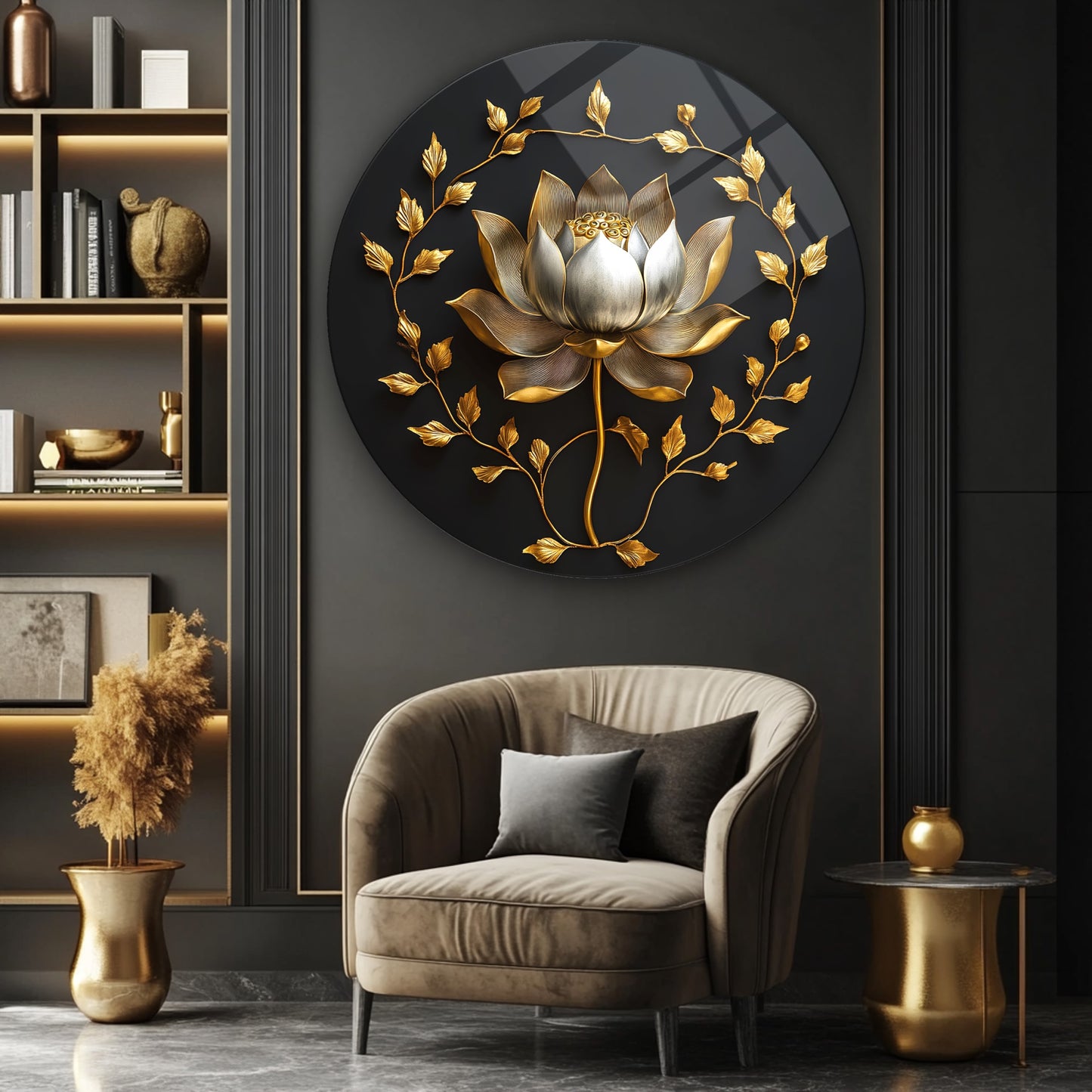 Gold Lotus Çiçeği Yuvarlak Cam Tablo