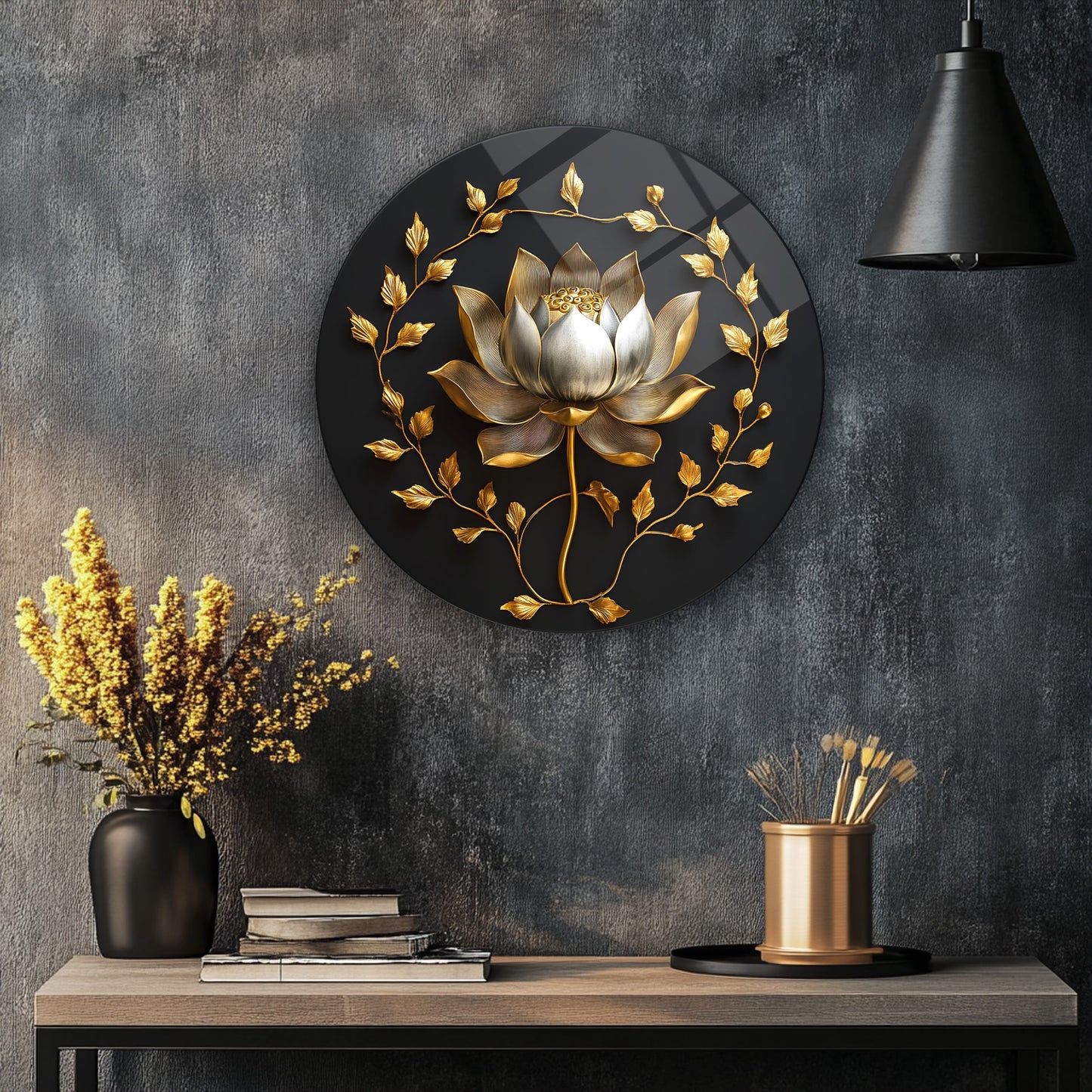 Gold Lotus Çiçeği Yuvarlak Cam Tablo