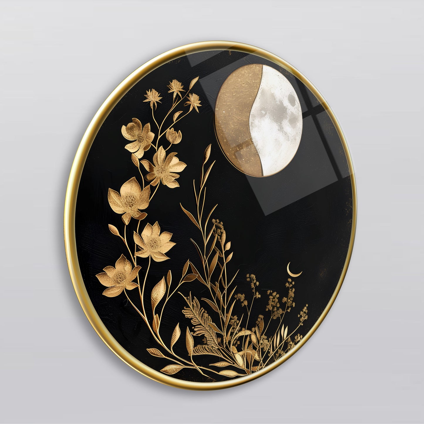 Gold Çiçekler Yuvarlak Cam Tablo