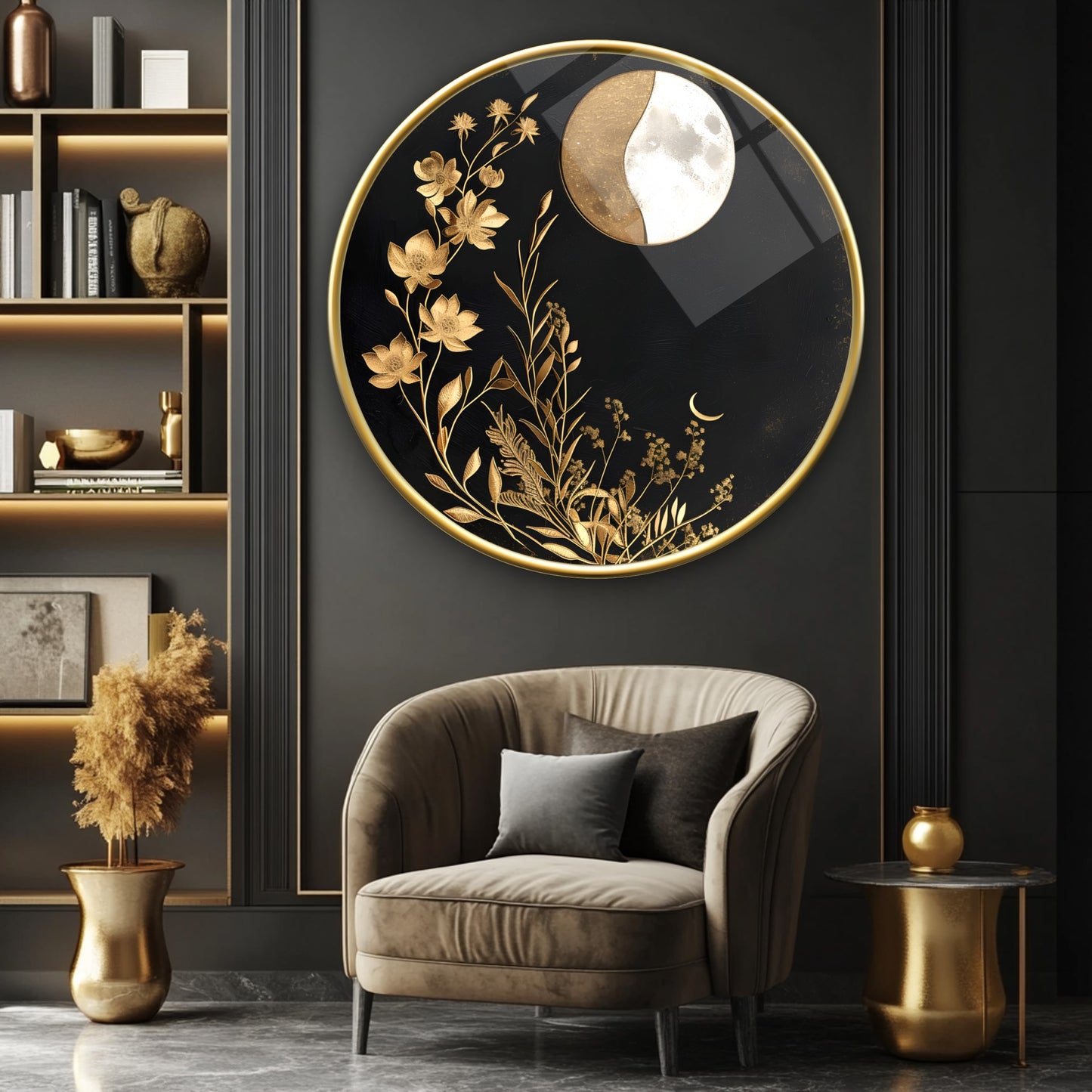 Gold Çiçekler Yuvarlak Cam Tablo