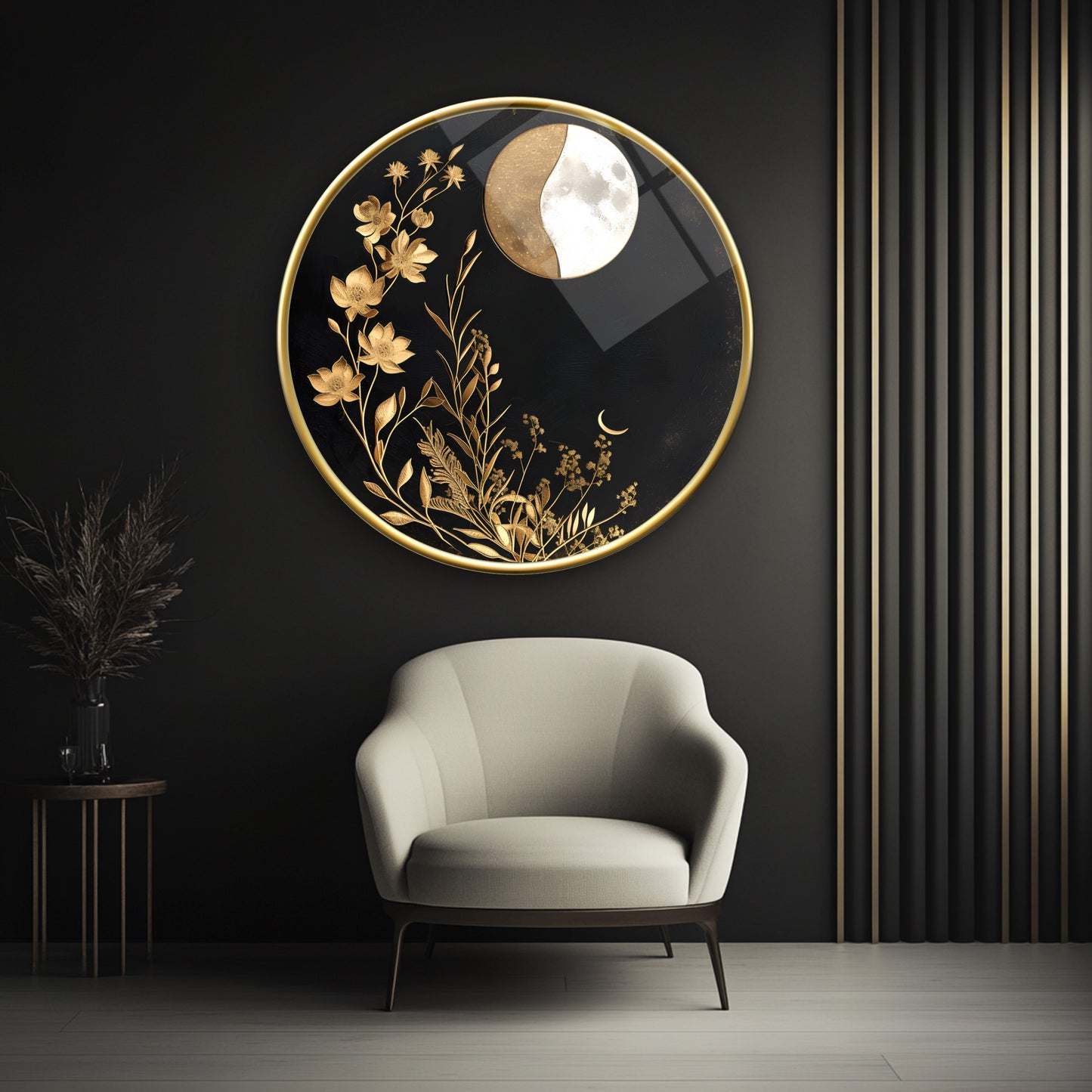 Gold Çiçekler Yuvarlak Cam Tablo