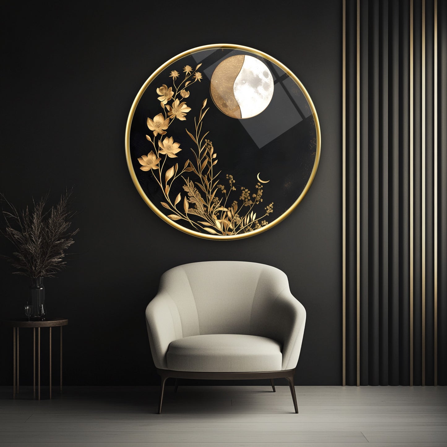 Gold Çiçekler Yuvarlak Cam Tablo