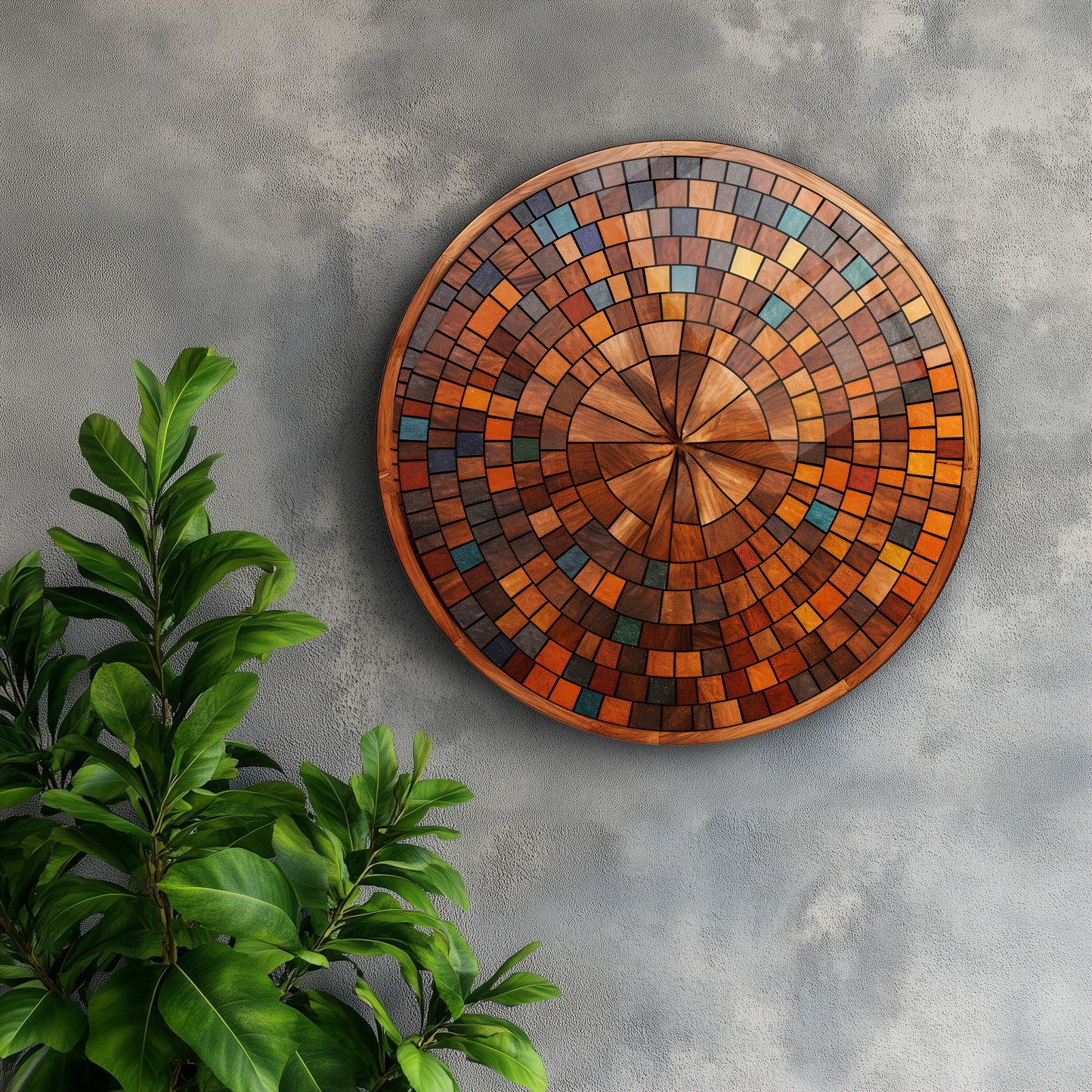 Soyut Ahşap Kareler Yuvarlak Cam Tablo