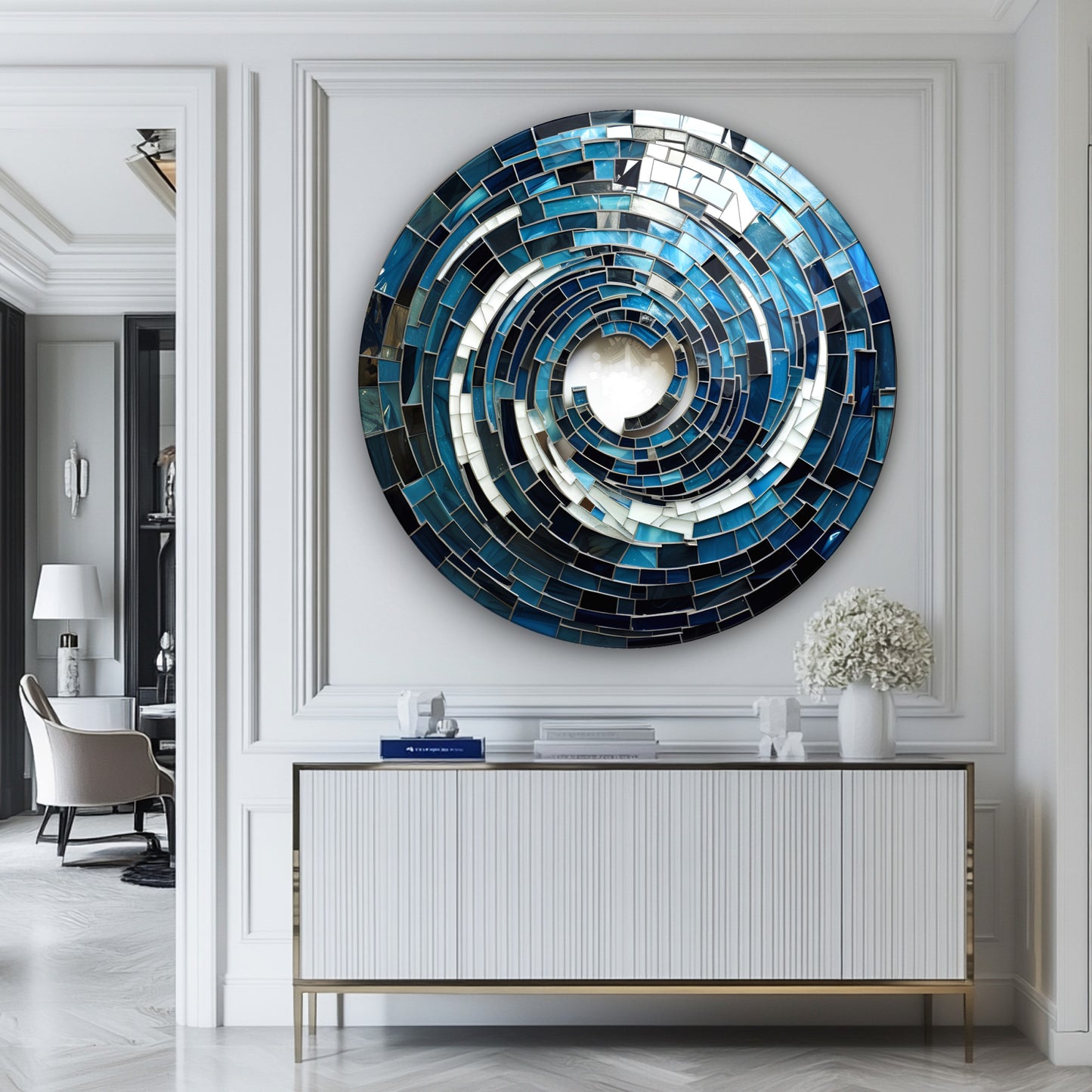 Vitray Desen Soyut Mavi Döngü Yuvarlak Cam Tablo