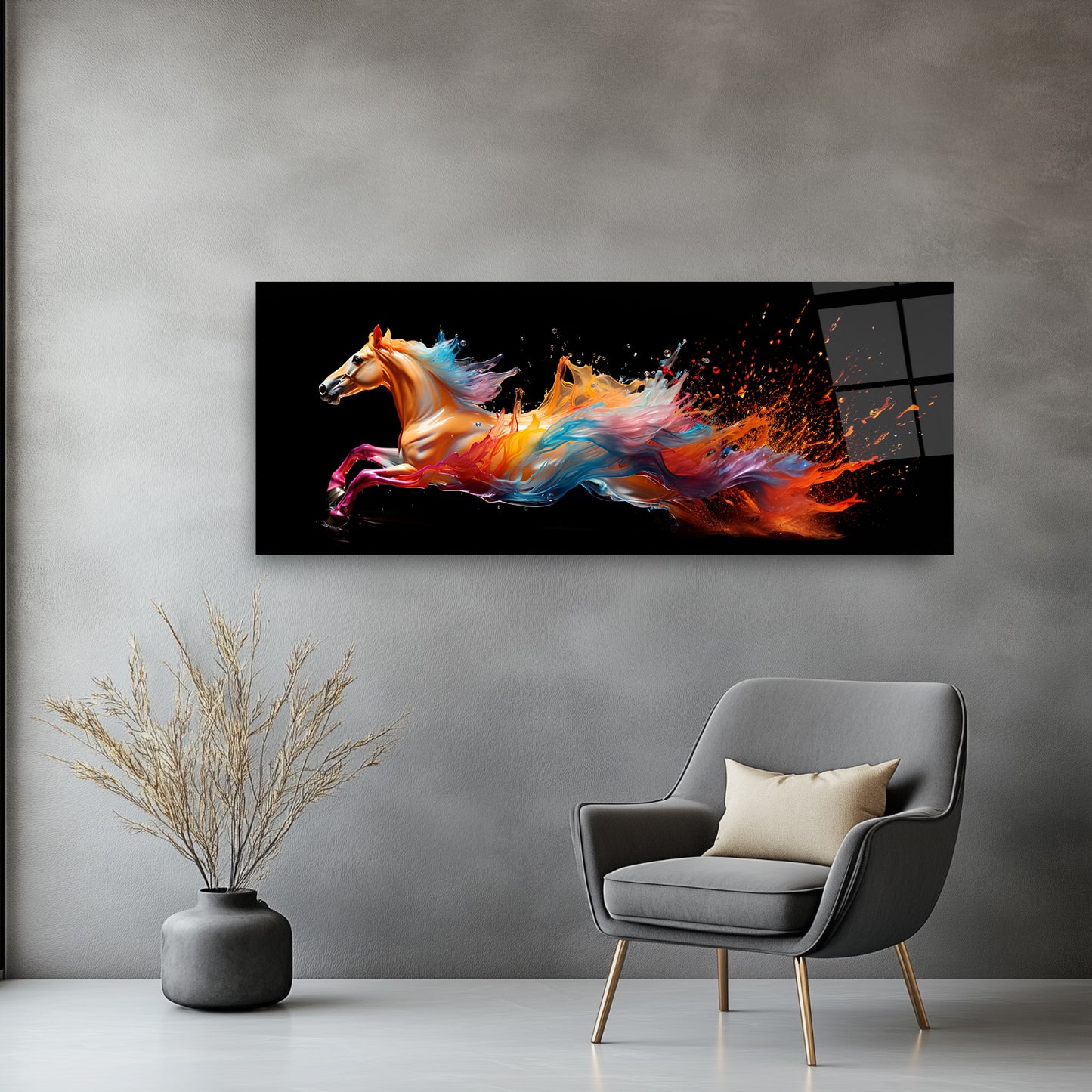 Renkli Koşan At Panoramik Cam Tablo