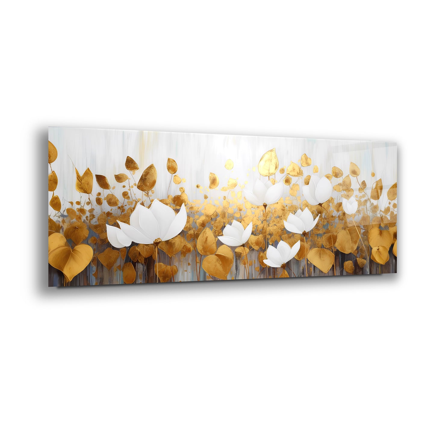 Gold Çiçekler Panoramik Cam Tablo